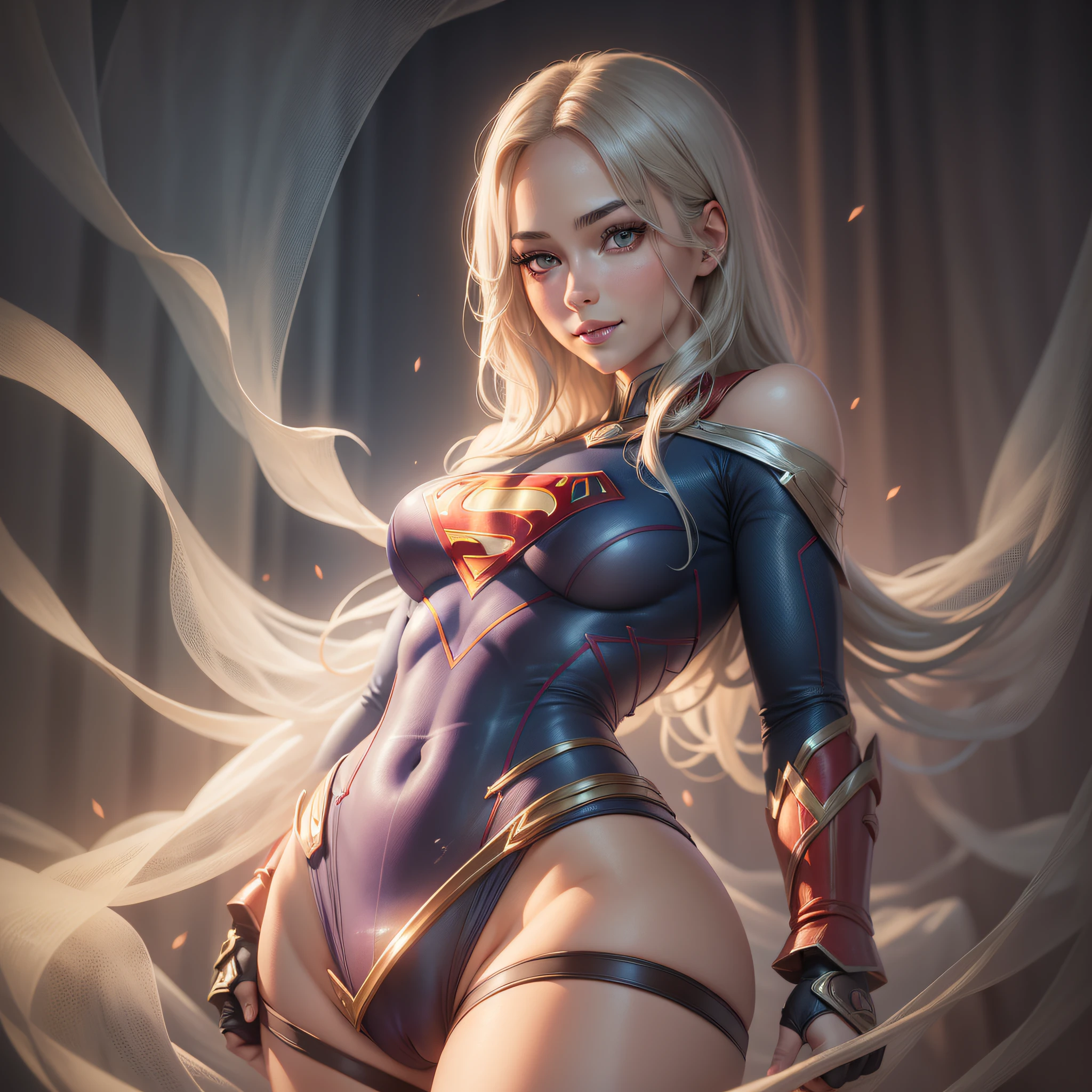 supergirl, krypton, (Super realistic), (Illustration), (High resolution), (8K), (Extremely detailed), (Best illustration), (Beautiful and detailed eyes), (Best quality), (Super detailed), (Masterpiece), ( wallpaper), (detailed face), solo, 1 girl, looking at the viewer, detail, detailed face, in the dark, deep shadows, discreet, pureerosfaceace_v1, smiling, half body, transparent panties, ((cameltoe)), ((protrusions)), long legs, thin waist, buttocks, makeup ultrathin, ultra-thin tissues, legs apart, focus on the groin