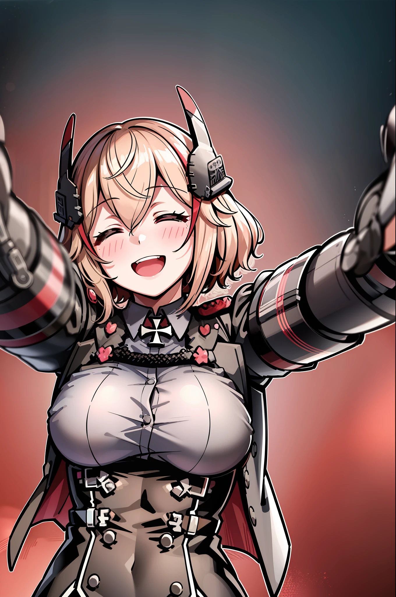 masterpiece, best quality, RoonV4, 1girl, solo, blush, smile, open mouth, simple background, shirt, long sleeves, white background, jacket, closed eyes, upper body, heart, black jacket, headgear, outstretched arms, cross, reaching towards viewer, iron cross