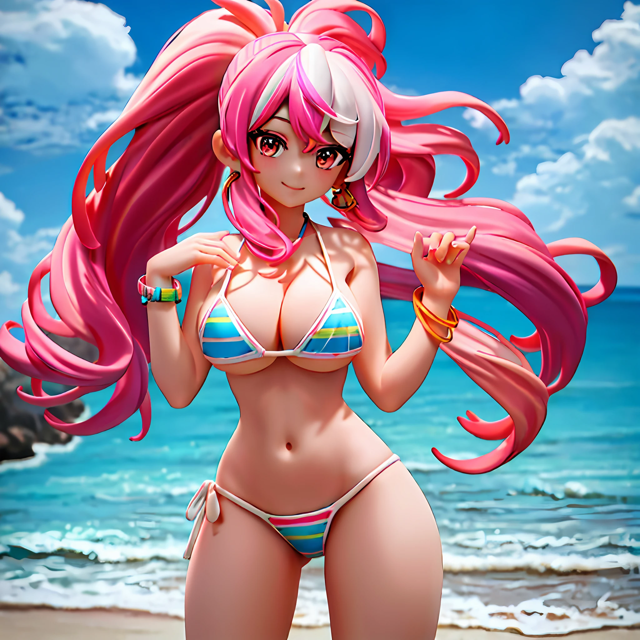 (Masterpiece: 1.5), (Best Quality: 1.5), High Resolution, High Detail, 1 Girl, Solo, Skin Highlight, Sharpen, Clear, straight hair, ponytail, multicolored hair, Jewelry, bracelet, earrings, cowboy shot, pale skin, smile, beach, micro bikini, huge boobs