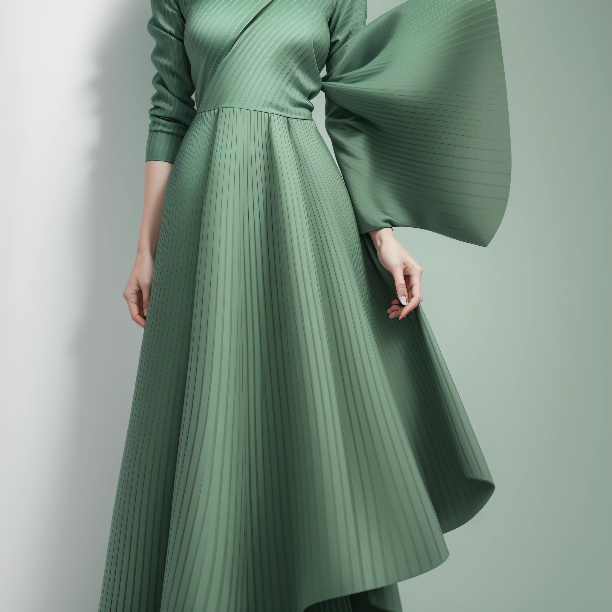 A white background photo of a luxury women's dress in matte green on a white surface, dark green, minimal outfit --auto --s2