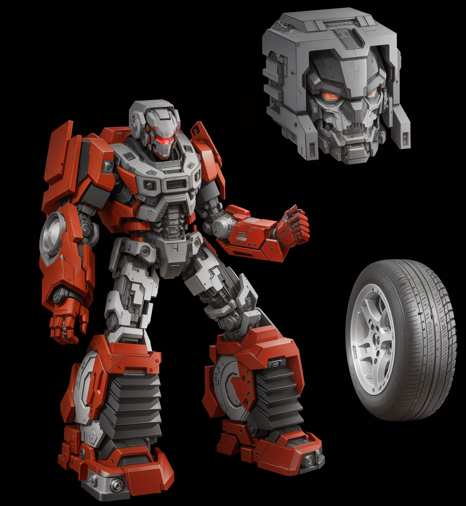 A robot, red and gray paint, complex machine structure and parts, metal texture, battle damage, sense of technology, strong contrast lighting, tires, sports car shell armor, black background, HD, Transformer style, perfect fingers,