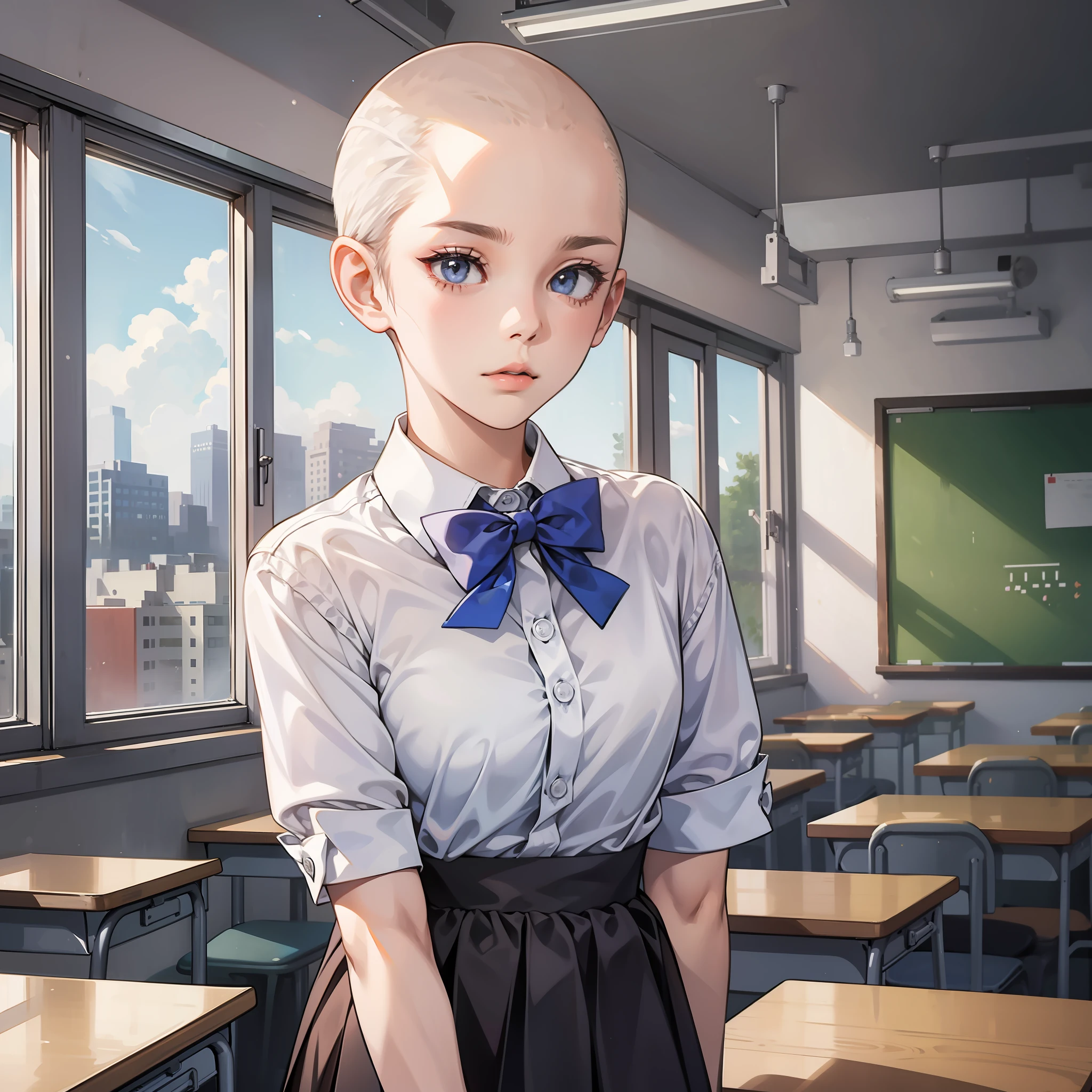 A girl with a bald head, white school uniform, bow tie, and a fierce expression stood in the classroom, looking out the window