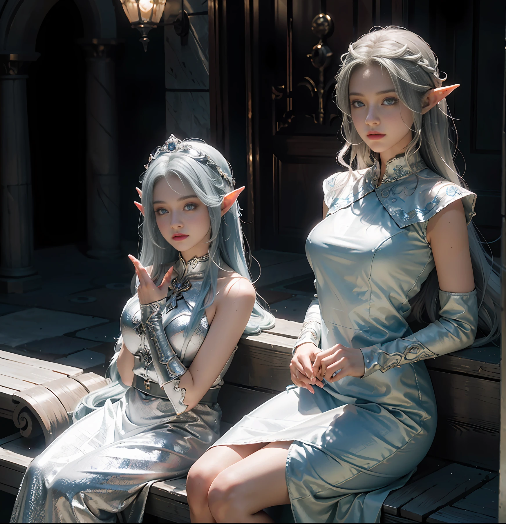 Best Quality, Masterpiece, Ultra High Resolution, (Realisticity: 1.4), Original Photo, (2girls), Duo, Cinematic Lighting, Greek Style Square, Sunlight, Tyndall Effect, Elf Maiden and Elf Queen, 12 & 28 Years Old, Silver Crown, Elf Long Ears, Silver Gradient Hair, Ice Blue Eyes, Big Cute Eyes, Extreme Light and Shadow, White Long Dress,