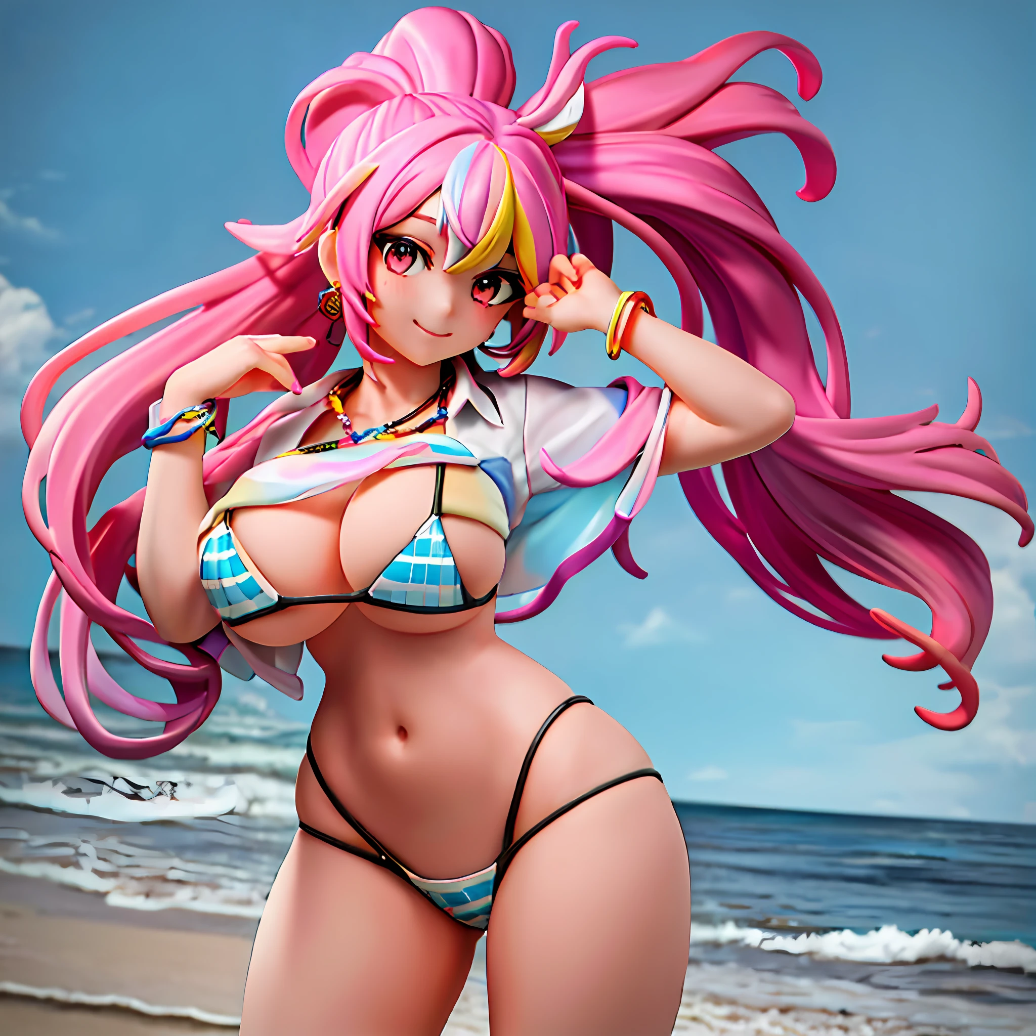 (Masterpiece: 1.5), (Best Quality: 1.5), High Resolution, High Detail, 1 Girl, Solo, Skin Highlight, Sharpen, Clear, straight hair, ponytail, multicolored hair, Jewelry, bracelet, earrings, cowboy shot, pale skin, smile, beach, micro bikini, huge boobs