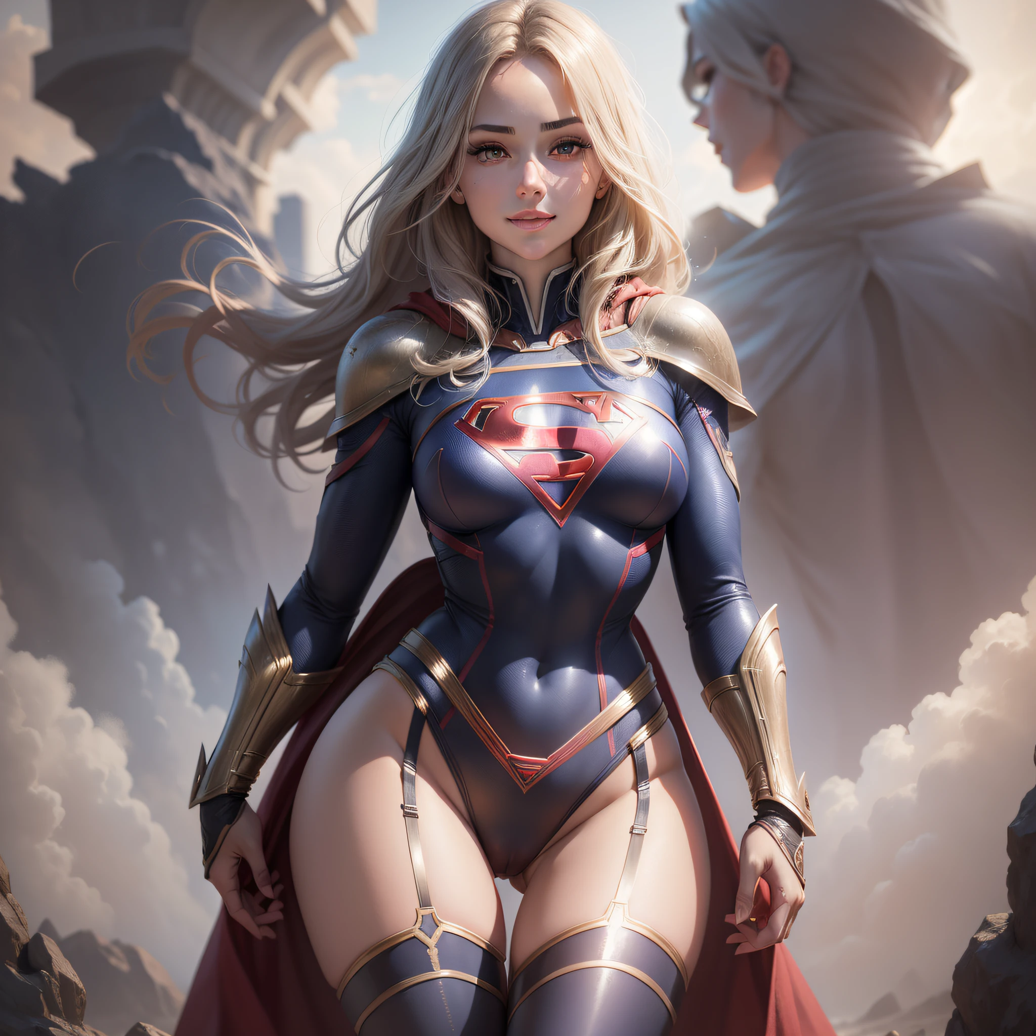 supergirl, krypton, (Super realistic), (Illustration), (High resolution), (8K), (Extremely detailed), (Best illustration), (Beautiful and detailed eyes), (Best quality), (Super detailed), (Masterpiece), ( wallpaper), (detailed face), solo, 1 girl, looking at the viewer, detail, detailed face, in the dark, deep shadows, discreet, pureerosfaceace_v1, smiling, half body, transparent panties, ((cameltoe)), ((protrusions)), long legs, thin waist, buttocks, makeup ultrathin, ultra-thin tissues, legs apart, focus on the groin