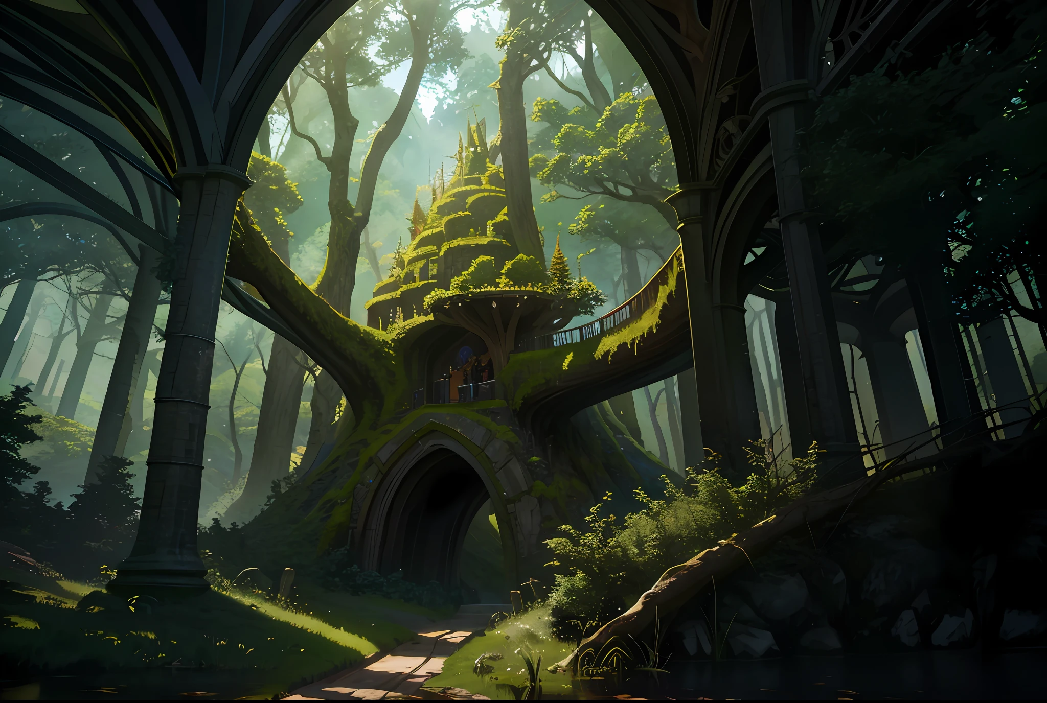 forest hobbit, fantasy, full of wonder and magic, curved bridges, stained glass windows, dramatic, ((abstract)), high octane render 8k, super detailed, realistic, super realistic, high quality, best, super detail, crazy detail, very detailed, photorealistic, epic composition, best quality, 32k --v 6
