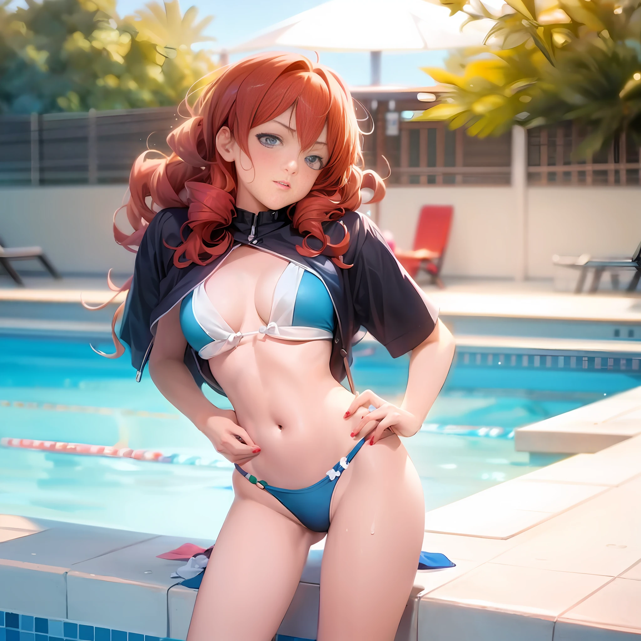 anime - style woman in a bikini posing by a swimming pool, swimsuit, is wearing a swimsuit, rin, next to a pool, realistic bikini, bathing suit, poolside, marin kitagawa fanart, swimsuit model, attire: bikini, blue bikini, full body zenkai! asuka suit, in a bikini, anya from spy x family, wearing two - piece swimsuit
