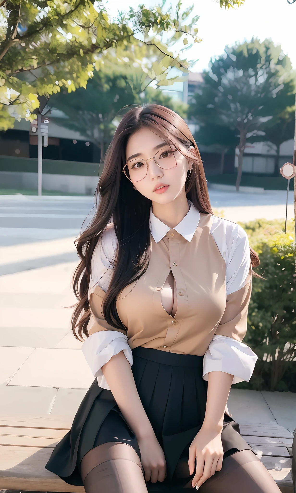 wearing skirt and shirt, korean girl, gorgeous young korean woman, beautiful korean woman, beautiful korean young woman, korean female fashion model, korean woman, elegant slim beige shirt, glasses, sakimichan, ulzzang, attractive girl, with square glasses, beautiful asian girl, handsome girl alafi asian woman sitting on bench