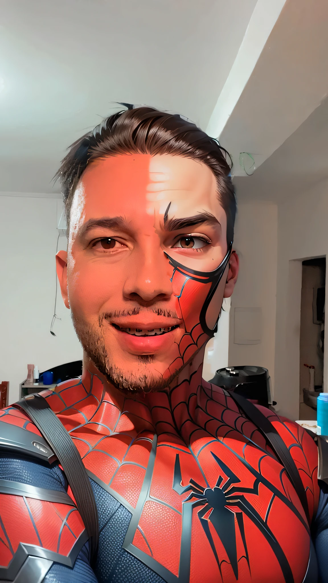 insert spider man armor, tight to body, ultra detail, with torn mask detail on the face, high definition, --auto --s2