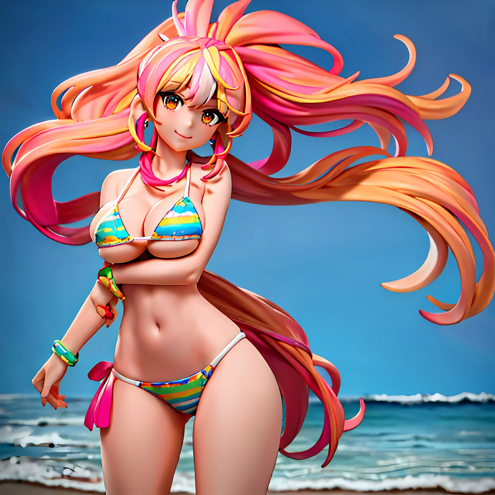 (Masterpiece: 1.5), (Best Quality: 1.5), High Resolution, High Detail, 1 Girl, Solo, Skin Highlight, Sharpen, Clear, straight hair, ponytail, multicolored hair, Jewelry, bracelet, earrings, cowboy shot, pale skin, smile, beach, micro bikini, huge boobs