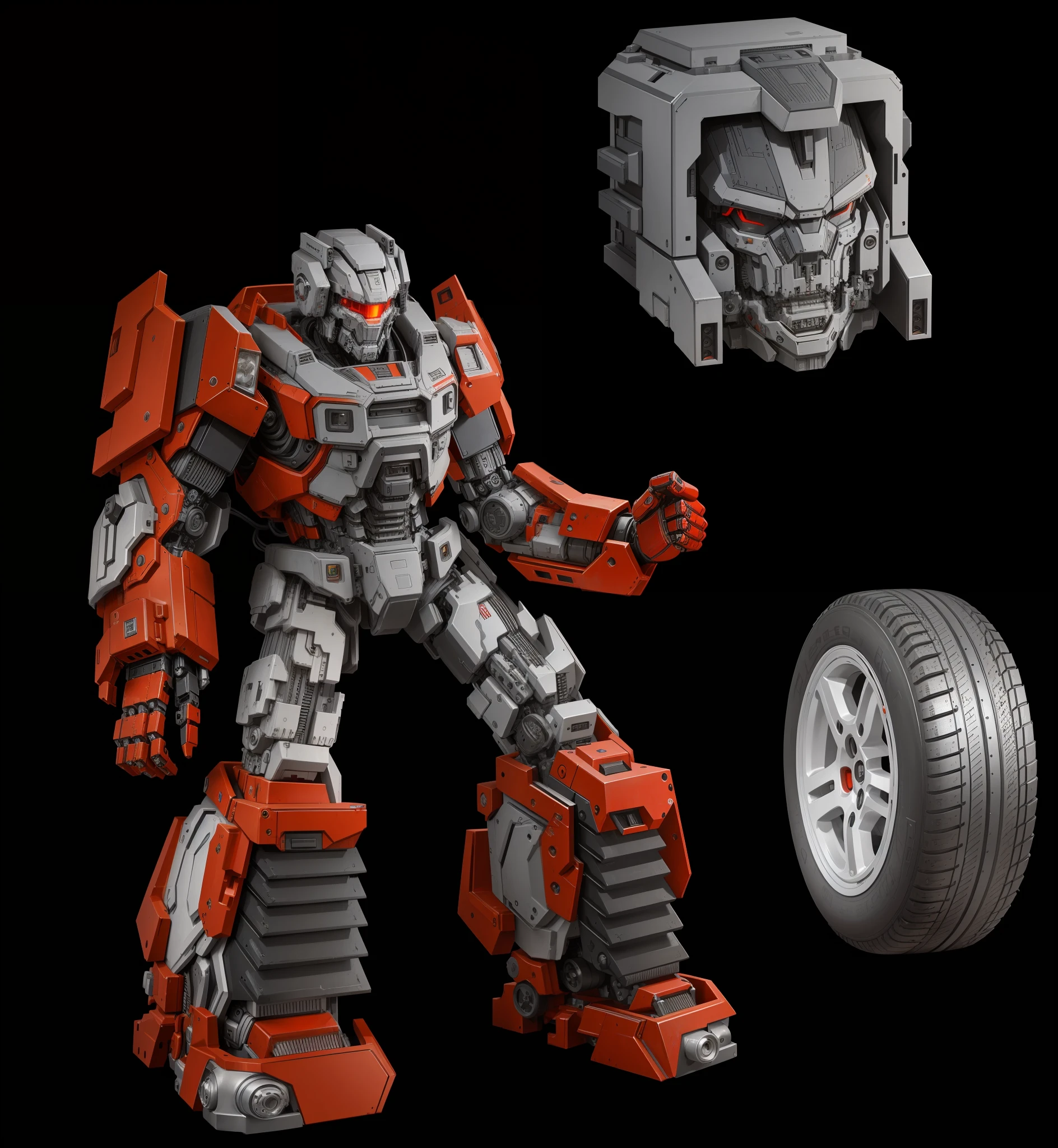 A robot, red and gray paint, complex machine structure and parts, metal texture, battle damage, sense of technology, strong contrast lighting, tires, sports car shell armor, black background, HD, Transformer style, perfect fingers,