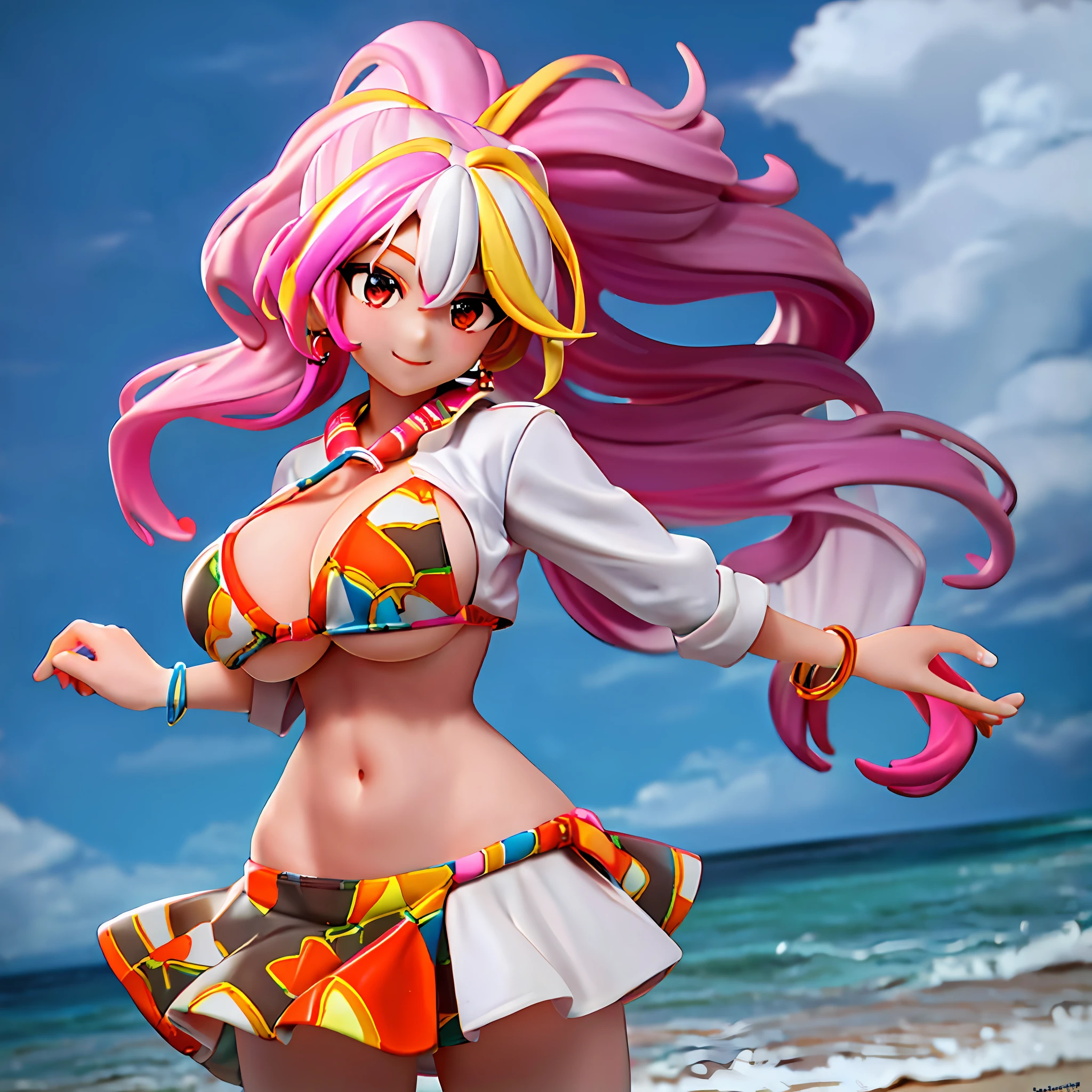 (Masterpiece: 1.5), (Best Quality: 1.5), High Resolution, High Detail, 1 Girl, Solo, Skin Highlight, Sharpen, Clear, straight hair, ponytail, multicolored hair, Jewelry, bracelet, earrings, cowboy shot, pale skin, smile, beach, micro bikini, huge boobs