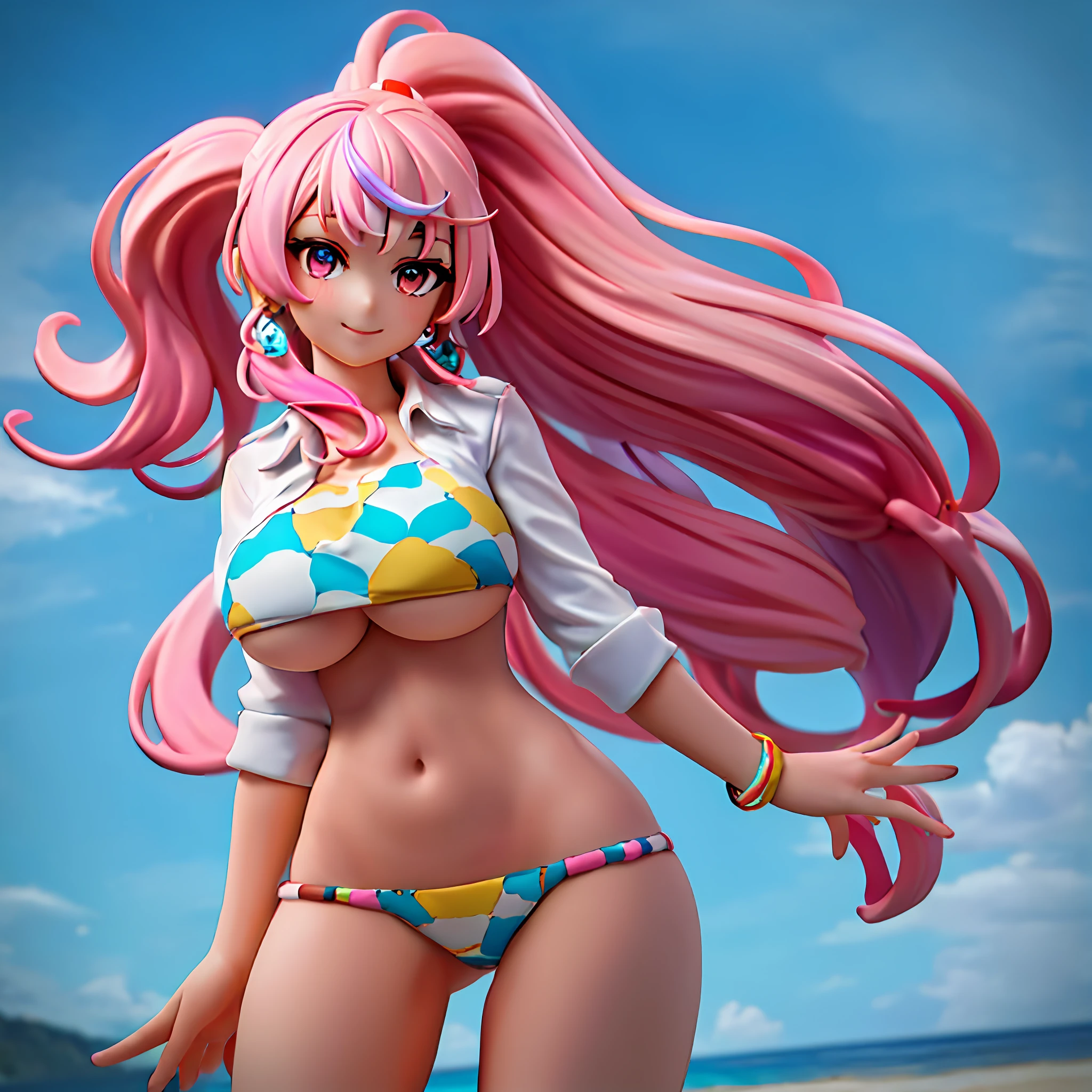 (Masterpiece: 1.5), (Best Quality: 1.5), High Resolution, High Detail, 1 Girl, Solo, Skin Highlight, Sharpen, Clear, straight hair, ponytail, multicolored hair, Jewelry, bracelet, earrings, cowboy shot, pale skin, smile, beach, micro bikini, huge boobs