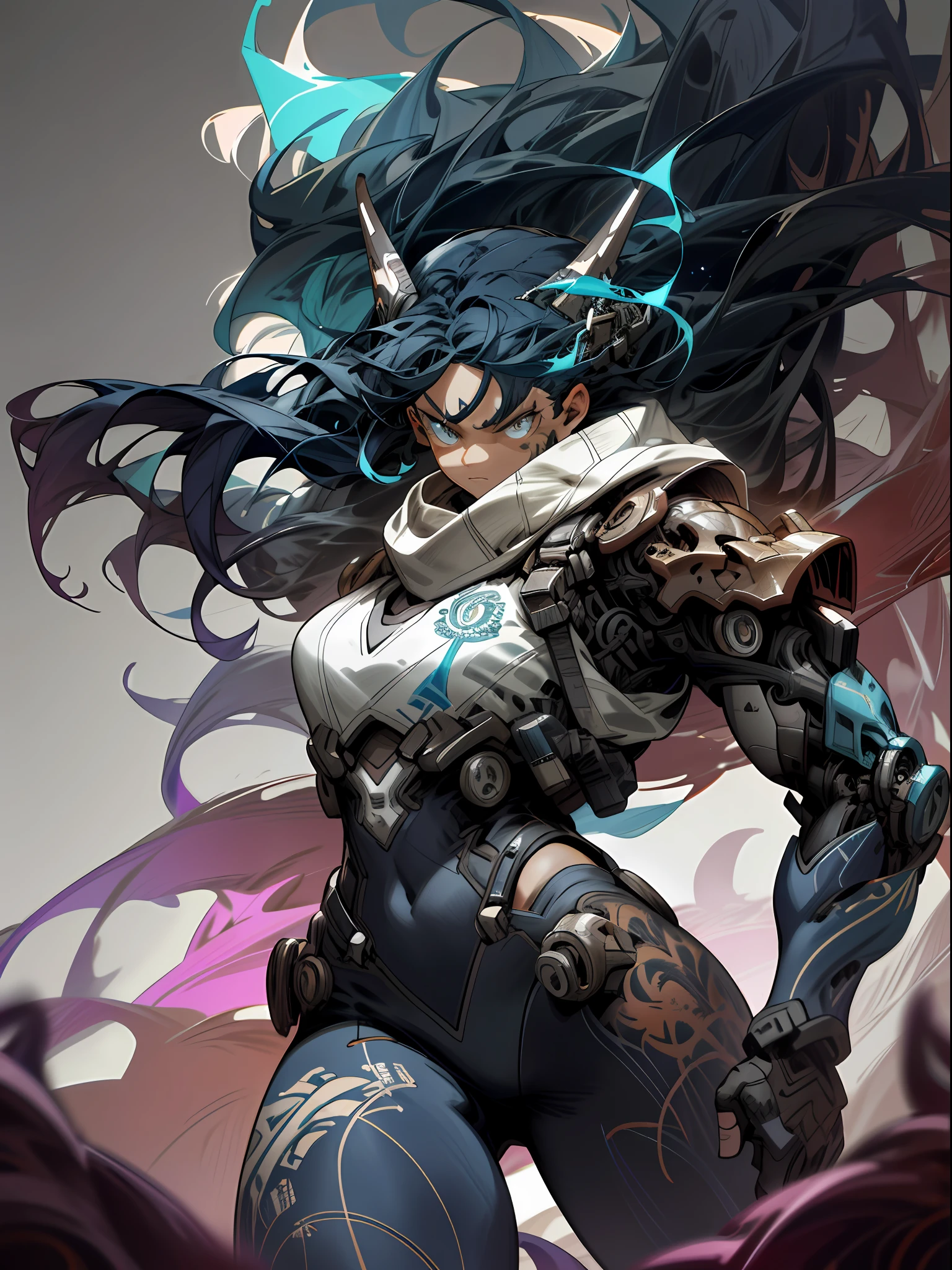 background, mixed-language_text, Japanese graffiti letters, a warrior nulher with long black hair cascading down her back. His eyes are a deep shade of amber, which shine with intensity when he is in battle. She possesses an athletic and slender appearance, with a confident and determined posture. Her skin has a light tan tone, evidencing her strength and endurance, woman fighting with alien creature full of mechanical tentacles, with immersive effects, hover effect, graphite style background with vibrant colors "hdr ultra" detailed and with focus effect, sticker art, freedom, soul, digital illustration, comic style, centered, approaching perfection, dynamic, highly detailed, watercolor painting,  artstation, concept art, smooth, sharp focus, illustration, art by carne griffiths and ,alone anime, centered, approaching perfection, drawing style illustrator, anime style, body with futuristic tribal tattoo style designs in dragon shape, serious face and ultra detailed artwork, graffiti style destroyed city scenery with camera focus,