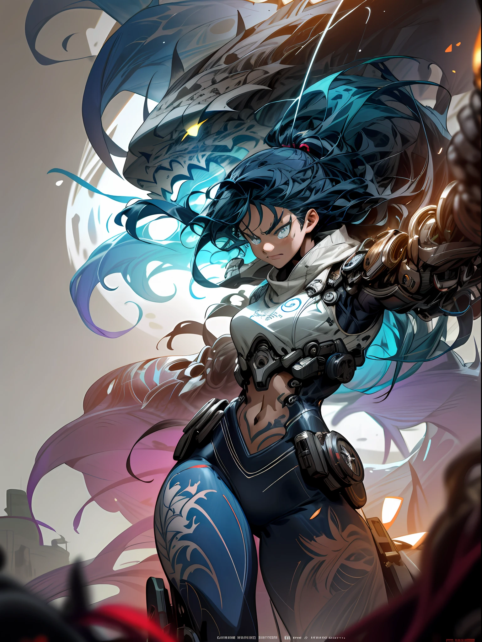 background, mixed-language_text, Japanese graffiti letters, a warrior nulher with long black hair cascading down her back. His eyes are a deep shade of amber, which shine with intensity when he is in battle. She possesses an athletic and slender appearance, with a confident and determined posture. Her skin has a light tan tone, evidencing her strength and endurance, woman fighting with alien creature full of mechanical tentacles, with immersive effects, hover effect, graphite style background with vibrant colors "hdr ultra" detailed and with focus effect, sticker art, freedom, soul, digital illustration, comic style, centered, approaching perfection, dynamic, highly detailed, watercolor painting,  artstation, concept art, smooth, sharp focus, illustration, art by carne griffiths and ,alone anime, centered, approaching perfection, drawing style illustrator, anime style, body with futuristic tribal tattoo style designs in dragon shape, serious face and ultra detailed artwork, graffiti style destroyed city scenery with camera focus,