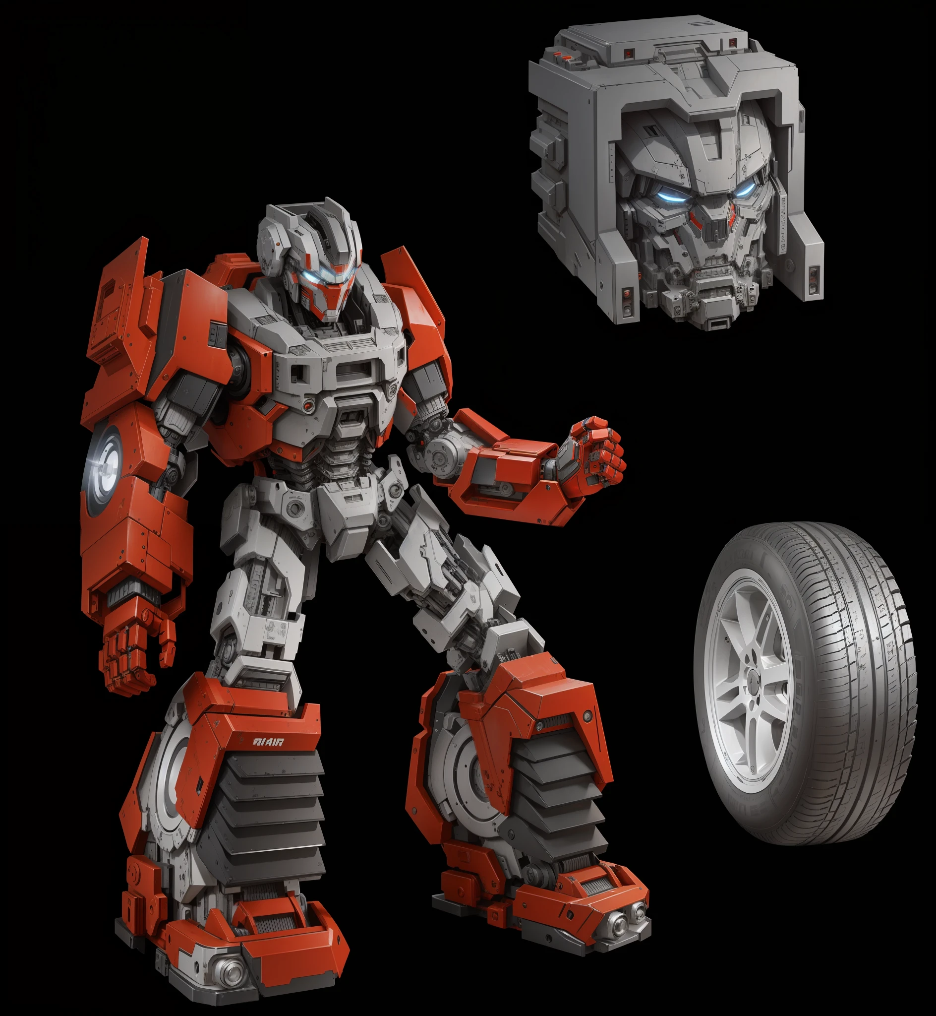 A robot, red and gray paint, complex machine structure and parts, metal texture, battle damage, sense of technology, strong contrast lighting, tires, sports car shell armor, black background, HD, Transformer style, perfect fingers,