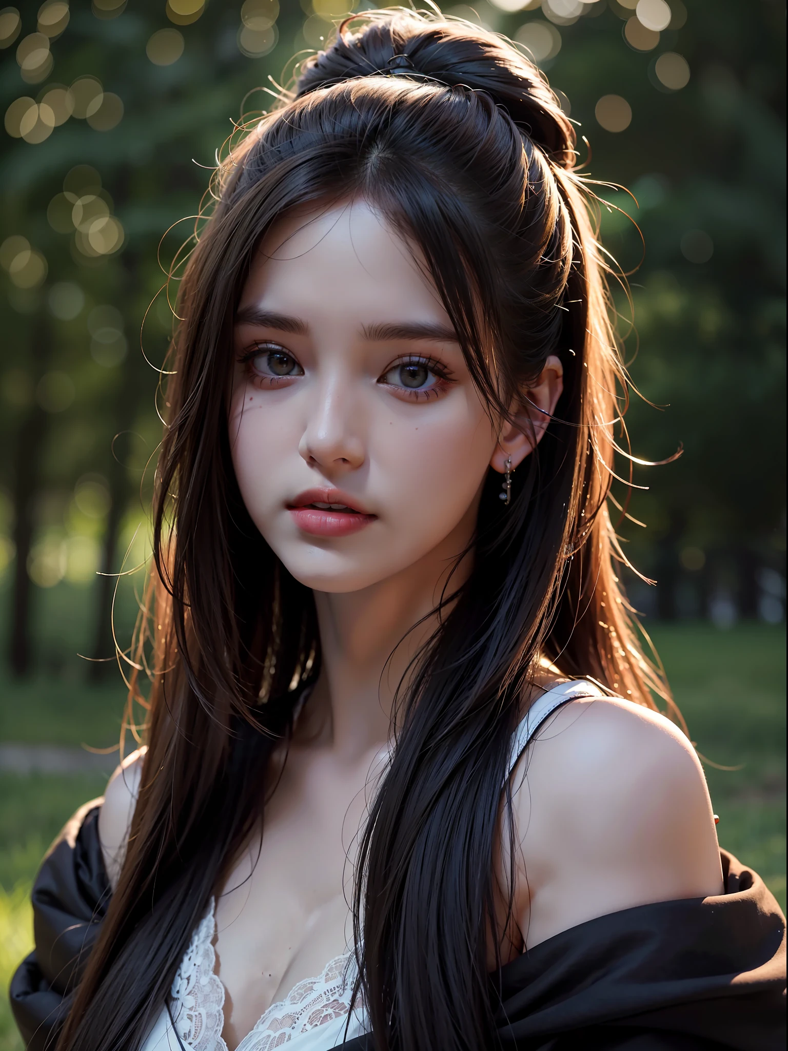 Best quality, masterpiece, ultra high res, (photorealistic:1.4), raw photo, 1girl, offshoulder, in the dark, deep shadow, low key, cold light,in a park