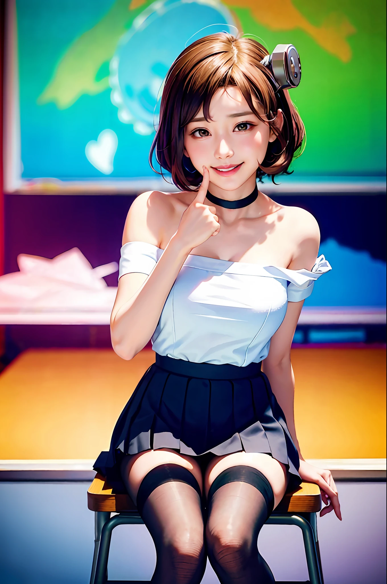 finger crossed expression, pampered, super smile, masterpiece, top quality, ultra detail, illustration, colorful, depth of field, lens glow, one girl, anime, sitting, brunette look, school, classroom, pleated mini skirt, uniform, serafuku, black pantyhose, delicate skin texture, delicate fabric texture, nice and meticulous face, bare shoulders