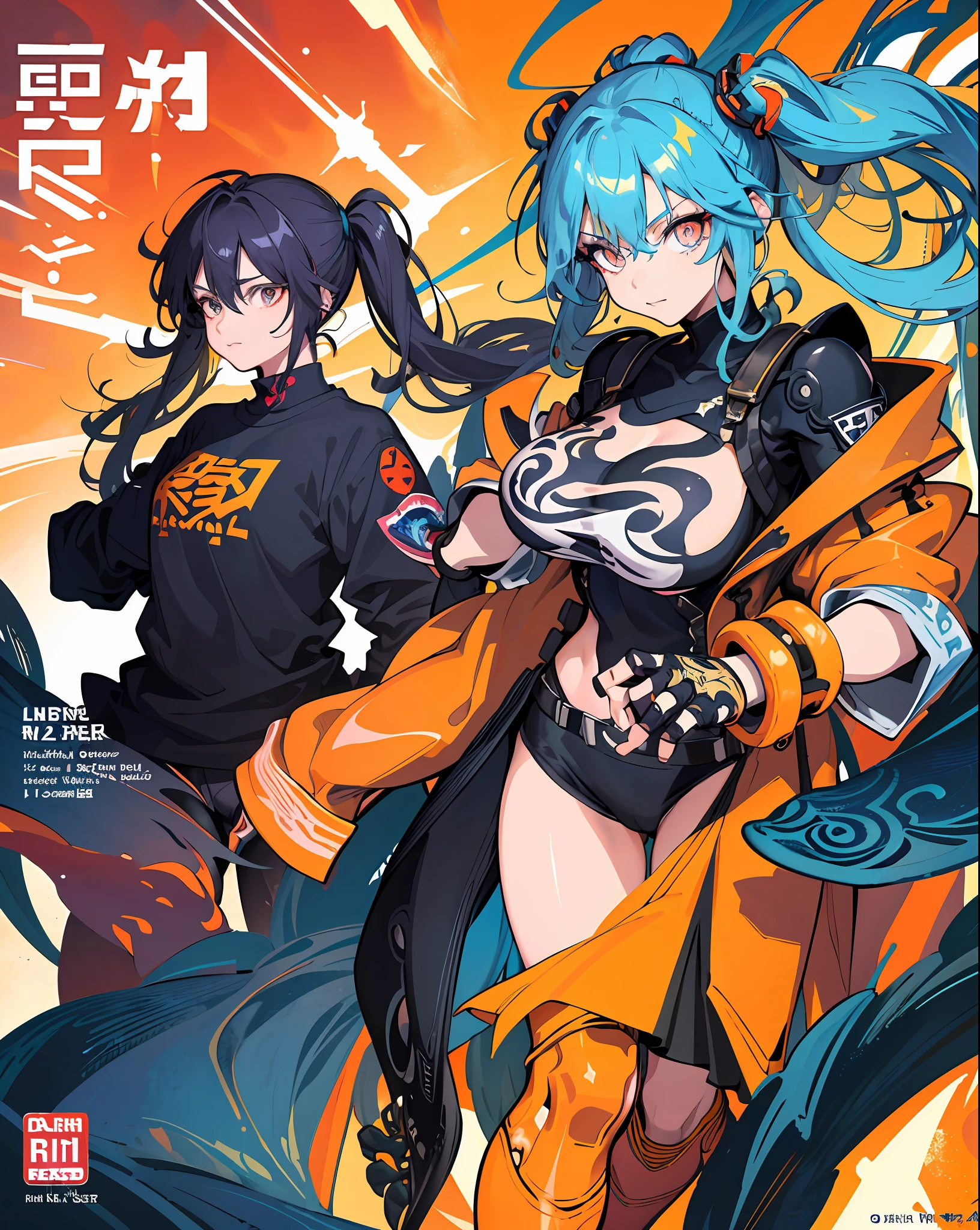 3girls, excellent lighting, sidelighting, (curvy: 1.2), vhsKeeper, background, mixed-language_text, Japanese graffiti letters, GUILTY GEAR -STRIVE style perfect(flat color: 1.3), (magazine_cover: 1.4), (multicolored_background: 1.3), striped_background, card_background, :: comix style by joe madureira ::large breasts, perfect and detailed, ultra detailed shirt with abstract design, with Japanese graffit letter print on the sides of the dress,  image of full-body women fighting alongside you with powerful dragons versus alien creature full of tentacles, with immersive effects, hover effect, background graffiti style tribal tattoo with vibrant colors "ultra HDR" detailed and with focus effect, (masterpiece: 1.2, best quality),(Finely detailed eyes and detailed face with long eyelashes:1.3), in various full-body attack poses,  (cute background: 1.2),futuristic costume, super detailed circular metals Clinging to the arms and pants, fantastic paintings