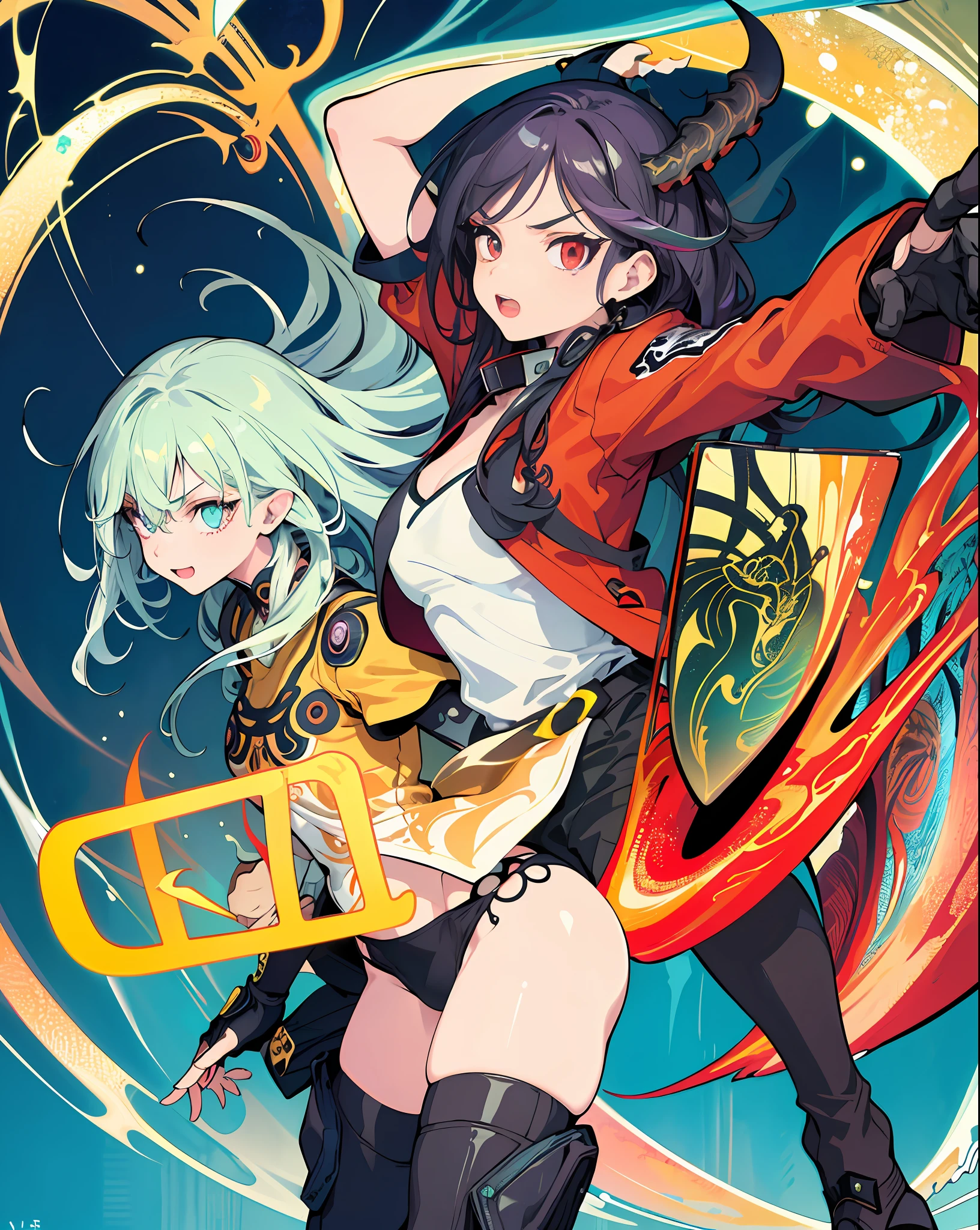 3girls, excellent lighting, sidelighting, (curvy: 1.2), vhsKeeper, background, mixed-language_text, Japanese graffiti letters, GUILTY GEAR -STRIVE style perfect(flat color: 1.3), (magazine_cover: 1.4), (multicolored_background: 1.3), striped_background, card_background, :: comix style by joe madureira ::large breasts, perfect and detailed, ultra detailed shirt with abstract design, with Japanese graffit letter print on the sides of the dress, image of full-body women fighting alongside you with powerful dragons versus alien creature full of tentacles, with immersive effects, hover effect, background graffiti style tribal tattoo with vibrant colors "ultra HDR" detailed and with focus effect, (masterpiece: 1.2, best quality),(Finely detailed eyes and detailed face with long eyelashes:1.3), in various full-body attack poses, (cute background: 1.2),futuristic costume, super detailed circular metals Clinging to the arms and pants, fantastic paintings