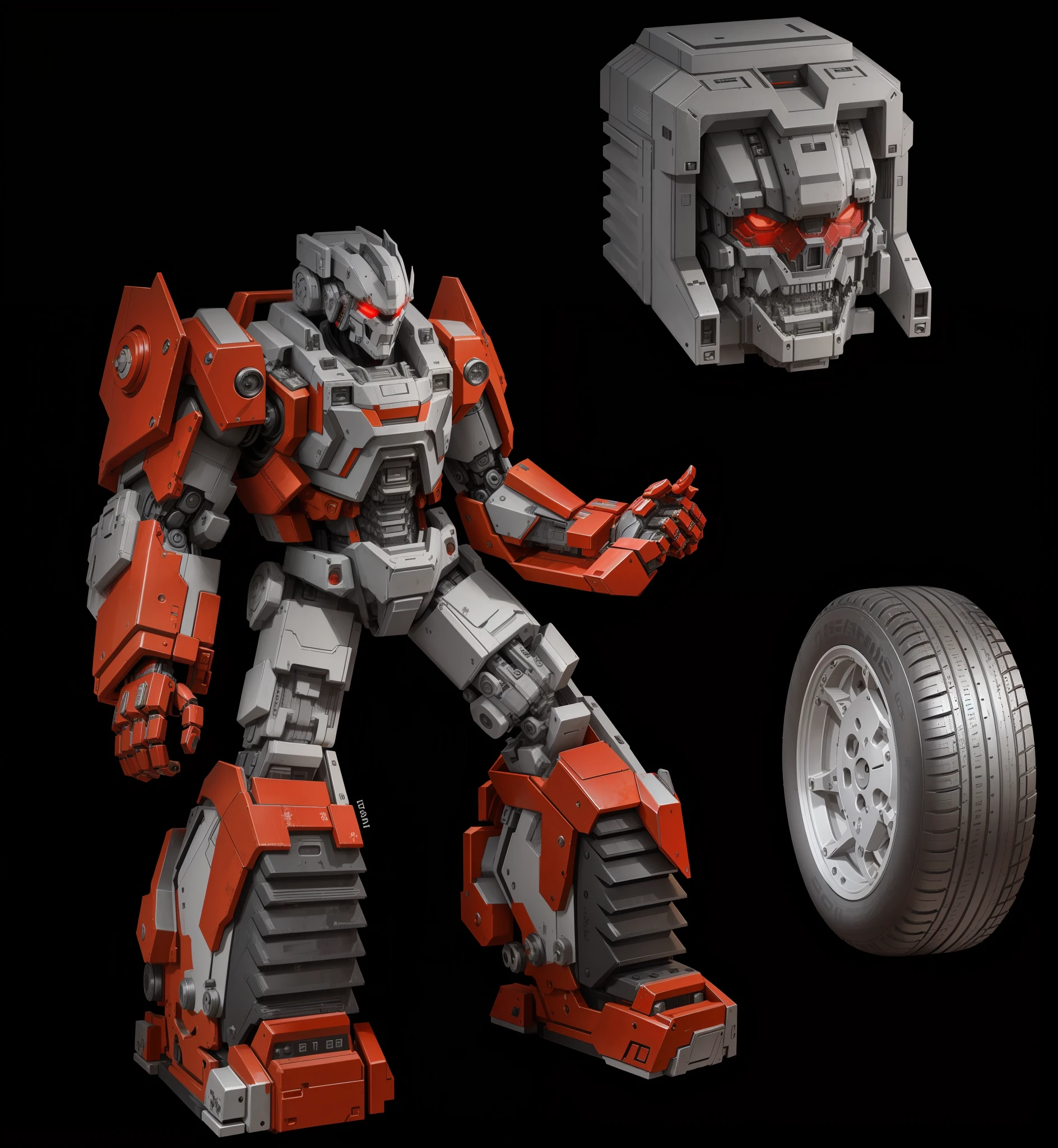 A robot, red and gray paint, complex machine structure and parts, metal texture, battle damage, sense of technology, strong contrast lighting, tires, sports car shell armor, black background, HD, Transformer style, perfect fingers,
