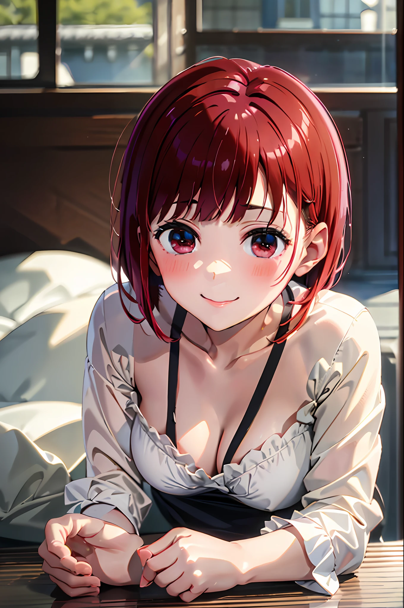 Masterpiece, Top Quality, arima_kana, Traditional Maid, Blush, Seductive Smile, looking_at_viewer, red_eyes, red_hair, short_hair, Solo, upper_body, Holding Tray, Food, Blurred Background, Restaurant, Chair, Indoors, Table, Window,(Masterpiece, Best Quality, High Definition), Kana Arima (Oshinoko\), Big Tits　Big breasts, lying down, bed, upper eyes