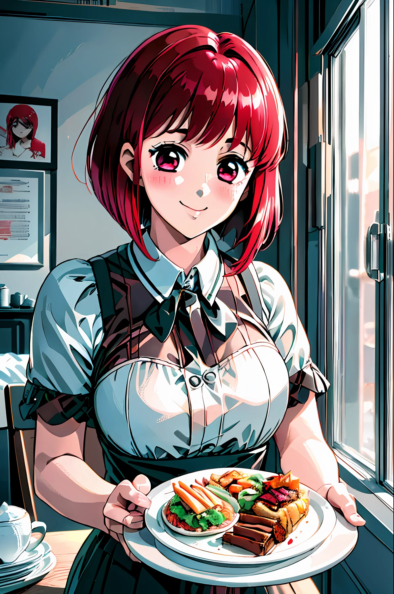 Masterpiece, Top Quality, arima_kana, Traditional Maid, Blush, Seductive Smile, looking_at_viewer, red_eyes, red_hair, short_hair, Solo, upper_body, Holding Tray, Food, Blurred Background, Restaurant, Chair, Indoors, Table, Window,(Masterpiece, Best Quality, High Definition), Kana Arima (Oshinoko\), Big Tits　Big breasts Lying bed
