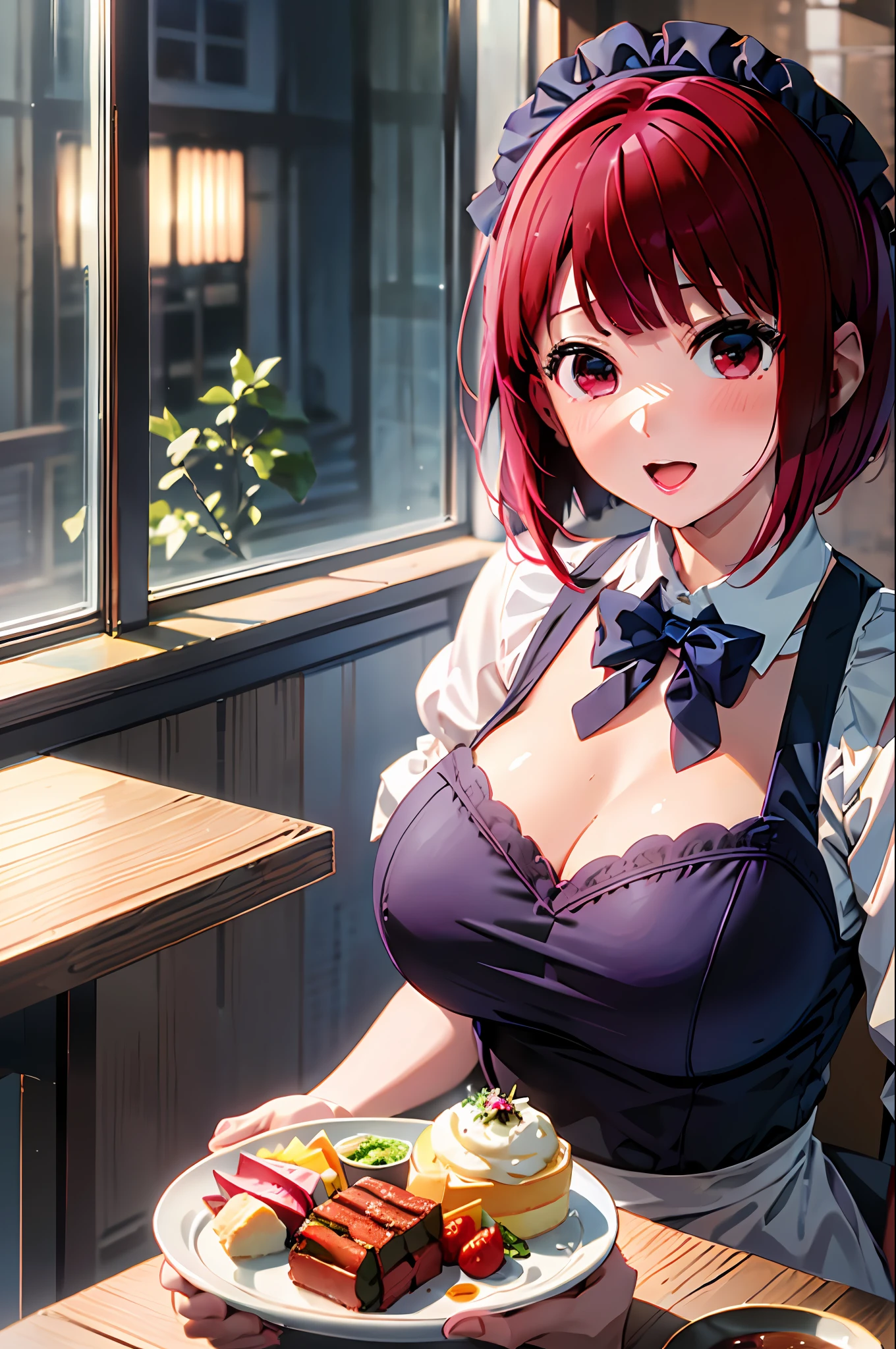 masterpiece, Best quality, arima_kana, Traditional maid, blush, Open mouth, looking_at_viewer, red_eyes, red_hair, short_hair, Solo, upper_body, Holding tray, Food, Blurred background, Restaurant, Chair, Indoors, Table, Window,(Masterpiece, Best Quality, High Definition), Kana Arima (Oshinoko\), Big Tits　Big breasts Lying bed