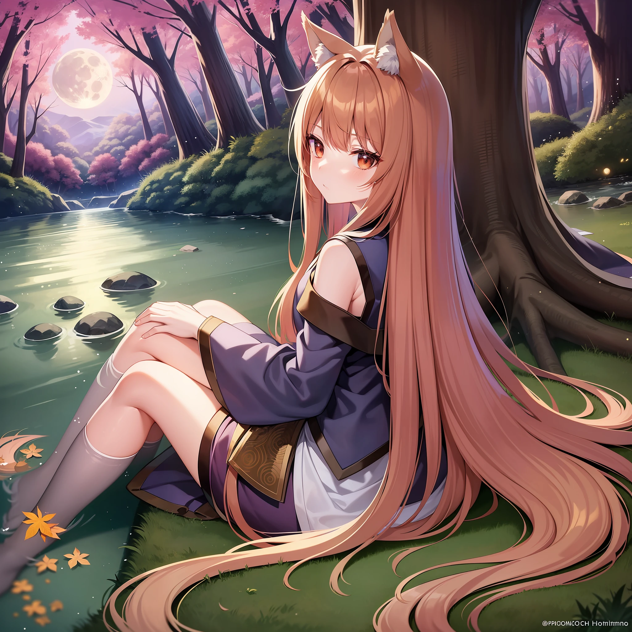 Create an image of Horo from Spice and Wolf in a forest clearing at dusk. She is sitting on a mossy rock, with her back against a tree trunk, looking up at the stars. The moon is just visible over the treetops, casting a soft light on Horo’s face. In the background, a small stream can be heard trickling through the underbrush. Horo’s expression is contemplative, as if lost in thought. Her tail is curled around her legs, and her hair is flowing freely in the gentle breeze. The overall mood of the image should be serene and peaceful.