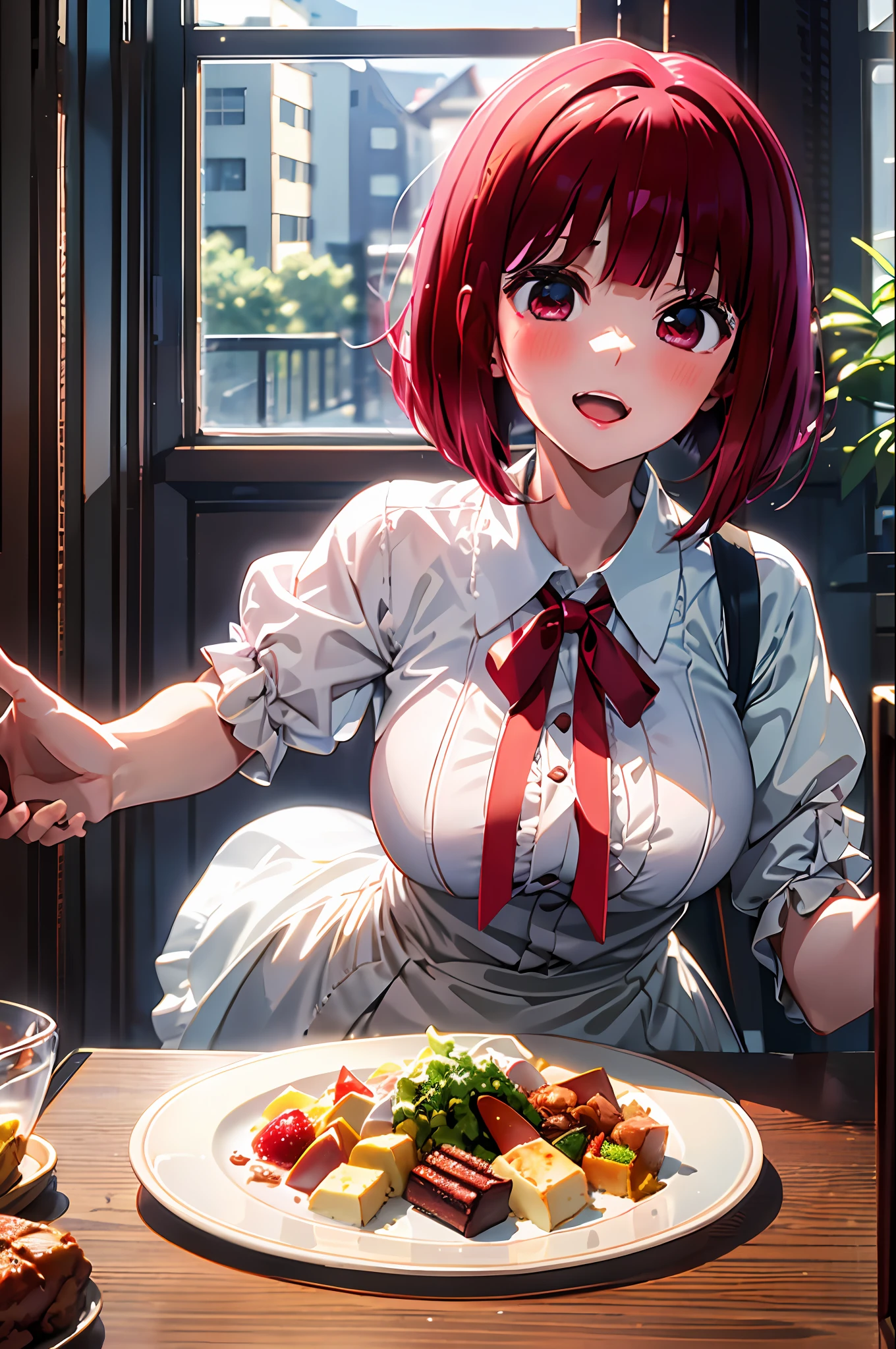 masterpiece, Best quality, arima_kana, Traditional maid, blush, Open mouth, looking_at_viewer, red_eyes, red_hair, short_hair, Solo, upper_body, Holding tray, Food, Blurred background, Restaurant, Chair, Indoors, Table, Window,(Masterpiece, Best Quality, High Definition), Kana Arima (Oshinoko\), Big Tits　Big breasts Lying bed