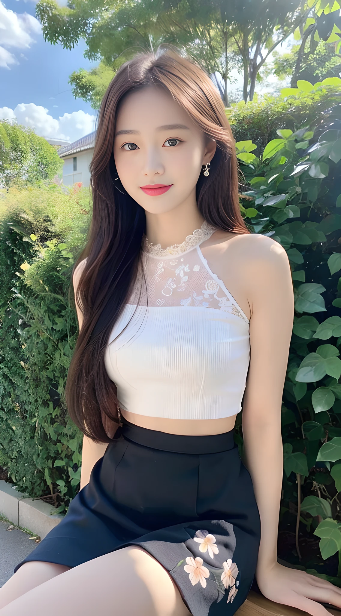 ((Best Quality, 8K, Masterpiece: 1.3)), Focus: 1.2, Girl, Perfect S-shaped Body, (Firm Eyes) (Cute), Delicate Face, Long Hair Waist Length, Long Flowing Hair, Tilted Head, Smile, Hair Details, Delicate Full Body Portrayal, Delicate Face Portrayal, Best Image Quality, High Resolution, Detailed Background, Delicate Description, Delicate Detail, Rich Detail, Face Enhancement, (Black Short Top, Floral Midi Skirt), Blue Sky and White Clouds, Sitting in a Flower Bush, Wooden House, No Eye Bags Under the Eyes
