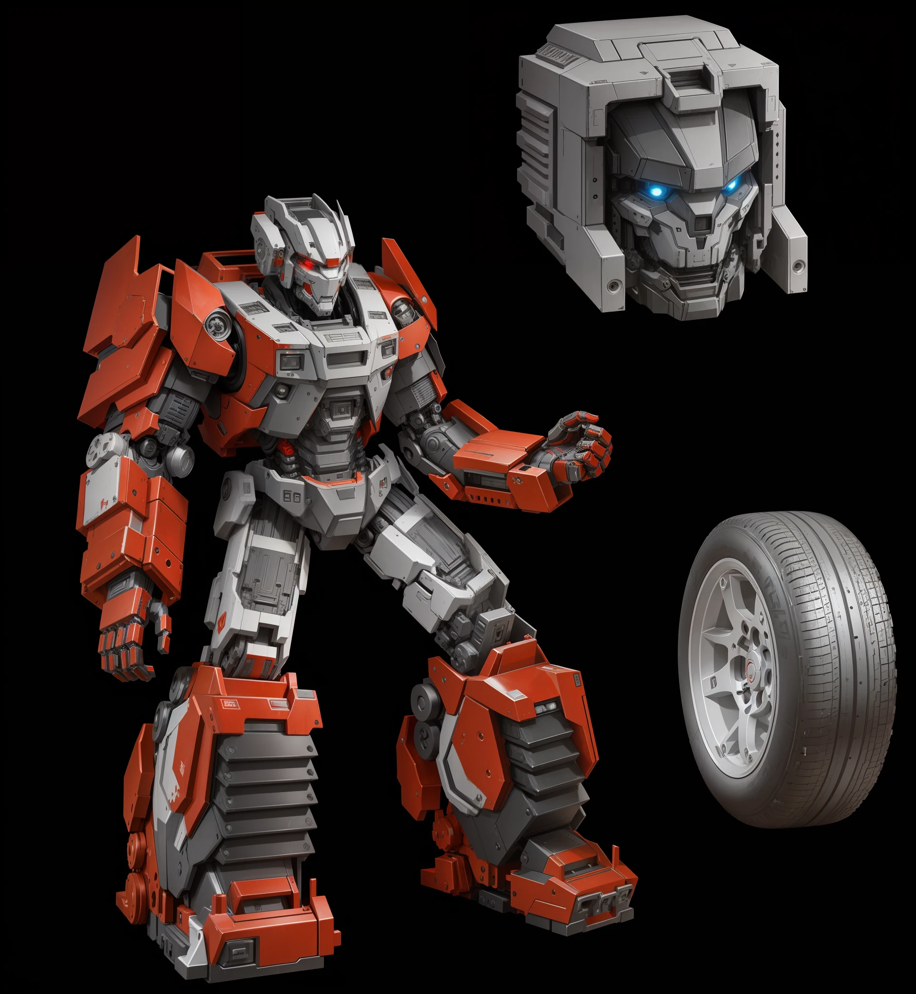 A robot, red and gray paint, complex machine structure and parts, metal texture, battle damage, sense of technology, strong contrast lighting, tires, sports car shell armor, black background, HD, Transformer style, perfect fingers,