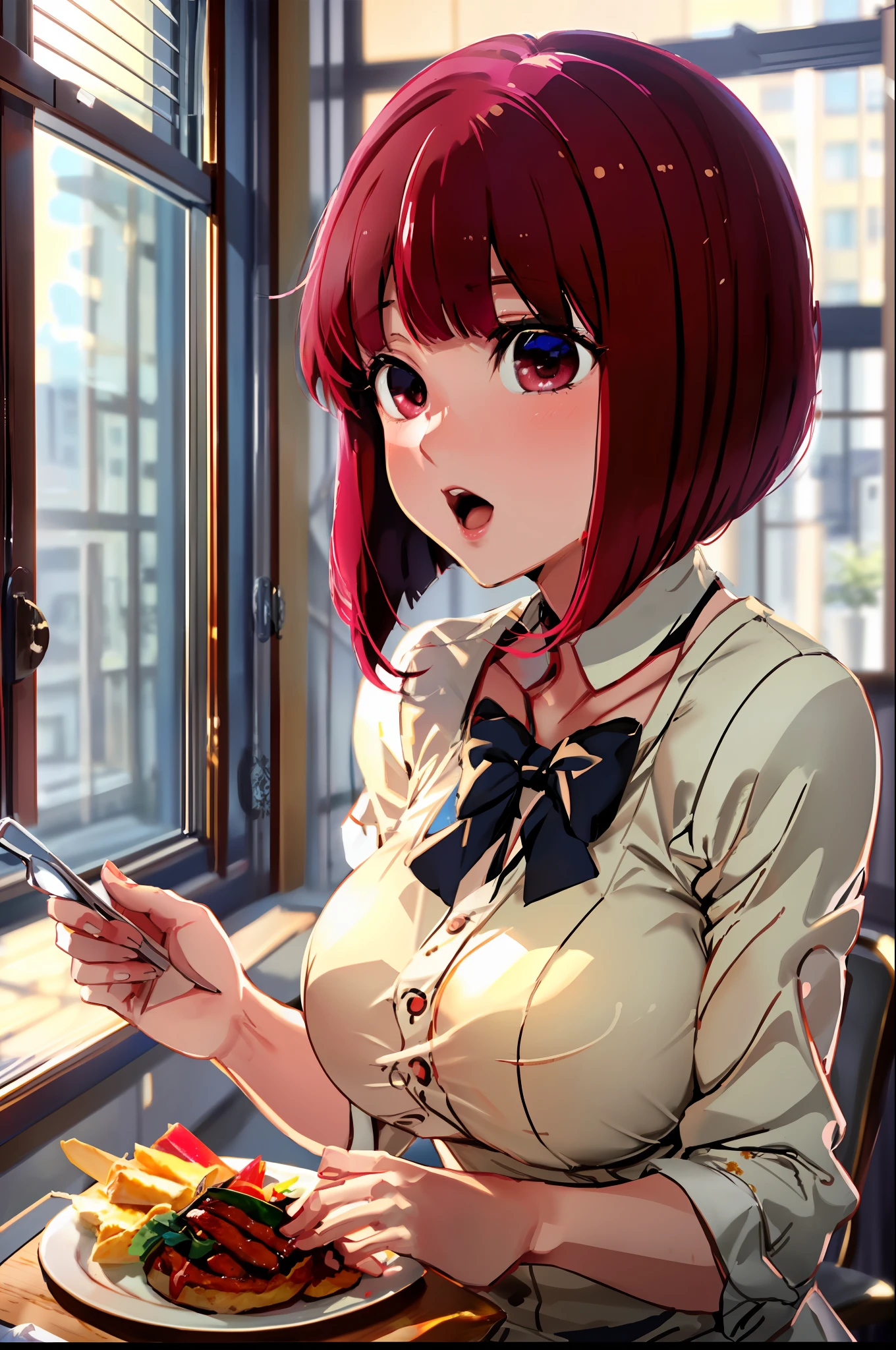 masterpiece, Best quality, arima_kana, Traditional maid, blush, Open mouth, looking_at_viewer, red_eyes, red_hair, short_hair, Solo, upper_body, Holding tray, Food, Blurred background, Restaurant, Chair, Indoors, Table, Window,(Masterpiece, Best Quality, High Definition), Kana Arima (Oshinoko\), Big Tits　Big breasts Lying bed