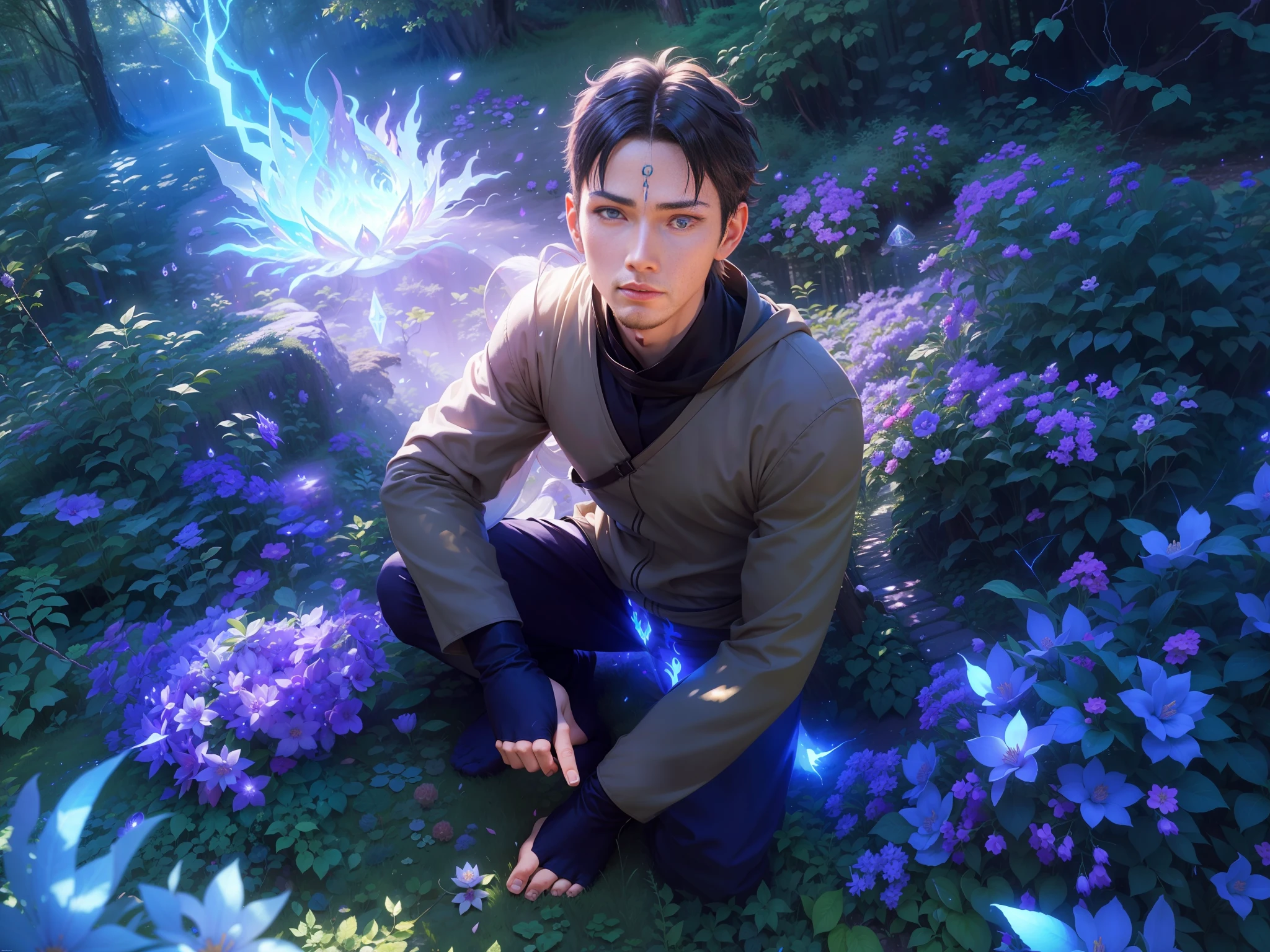 the aura of the nine-tailed from Naruto, the cover of the tailed from Naruto, angel wings, luminous wings, many luminous crystals, huge white crystals in the background, a boy in the forest, unique natural beauty, beautiful light and shadow effects, soft gentle lighting, colorful world in the background, unusual plant decoration, fantastic rushing creatures, fragrance of flowers, bright colors at a cursory glance and intriguing details with careful consideration, the spirit of experiences from the movie "Avatar"