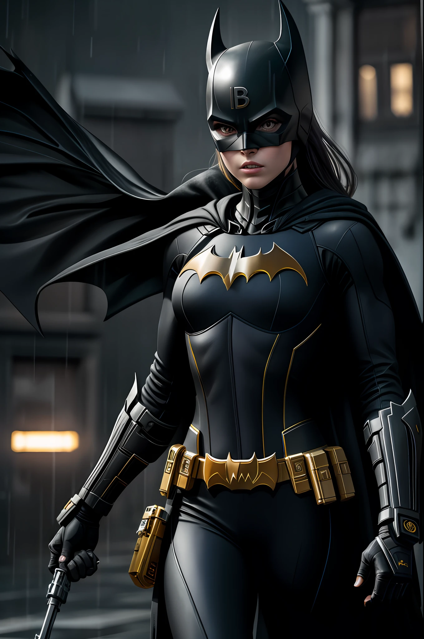 (8k, RAW photo, best quality, masterpiece: 1.2), ultra detailed, official art, photo-realistic: 1.37, upper body shot, DC Batgirl, film grain, action pose, fine rain