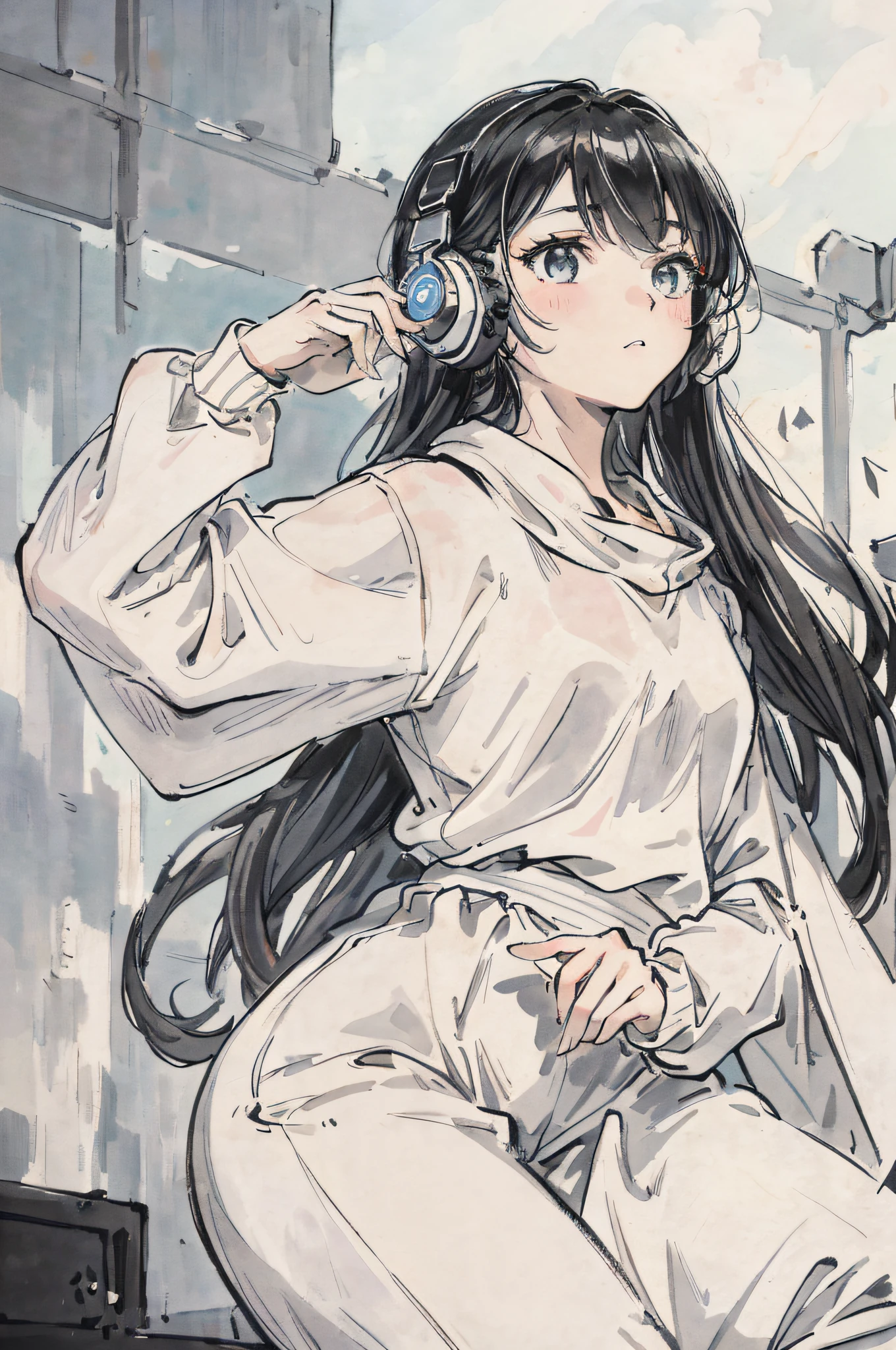 Masterpiece, Excellent, Extreme Girl, Best Beauty, World Masterpiece Theater, Super Fine, Extreme Girl, Extreme Quality, Alafed Asian Woman with Headphones and White Sweatshirt, High Resolution, Extreme Girl, Extreme Illustration, Looking at the Audience, Impasto,, Realistic, Realist,Real,8K Selfie Photo