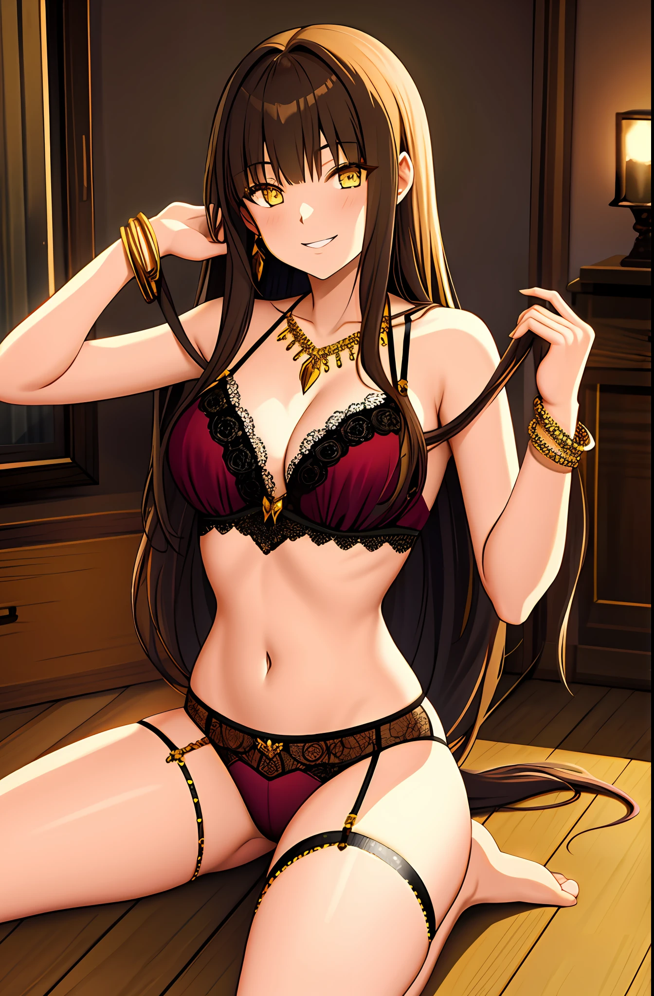 1girl, solo, long hair, brown hair, jewelry, bracelet, lingerie, yellow eyes, sumeragi lee noriega, smile, room,