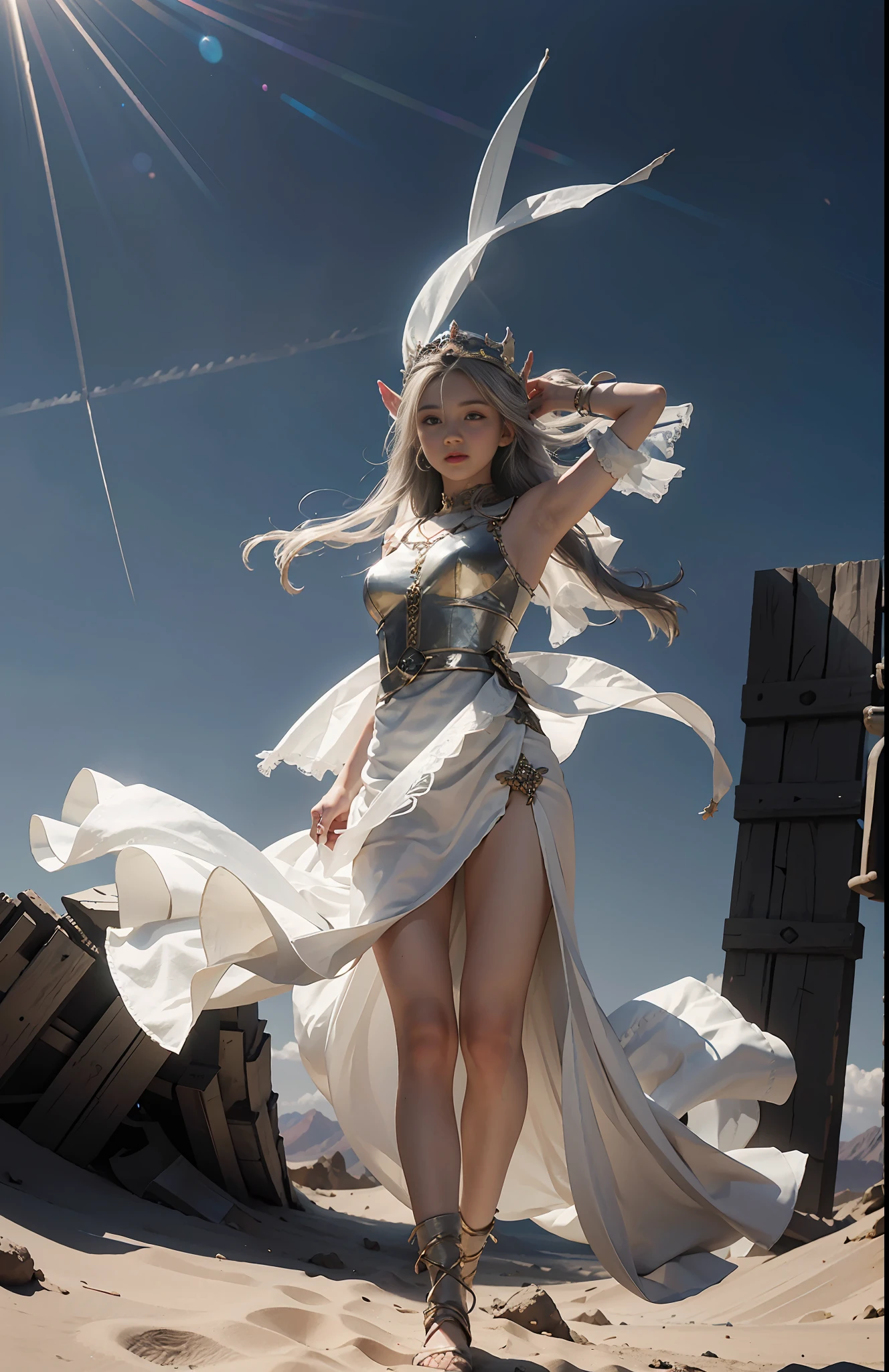 Best picture quality, perfect masterpiece, super high resolution, 1.4x realism, original photo, a girl, cinematic lighting, in the desert, sunny, using the Tyndall effect, elf girl performing dance, , wearing a silver crown, ears as long as elves, silver gradient hair, big blue eyes, extreme light and shadow, wearing a white gauze skirt, a veil on her head fluttering in the wind.
