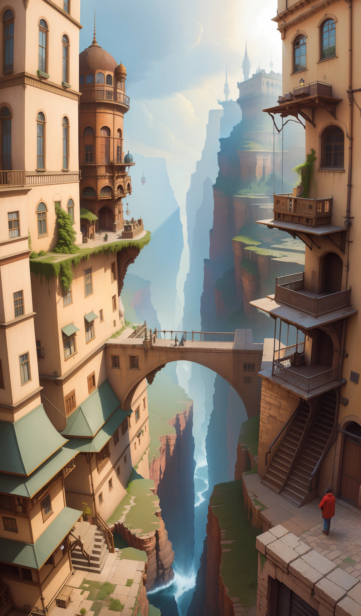 ((masterpiece)),((best quality)),((high detial)),((realistic,)) Industrial age city, deep canyons in the middle, architectural streets, bazaars, Bridges, rainy days, steampunk, European architecture