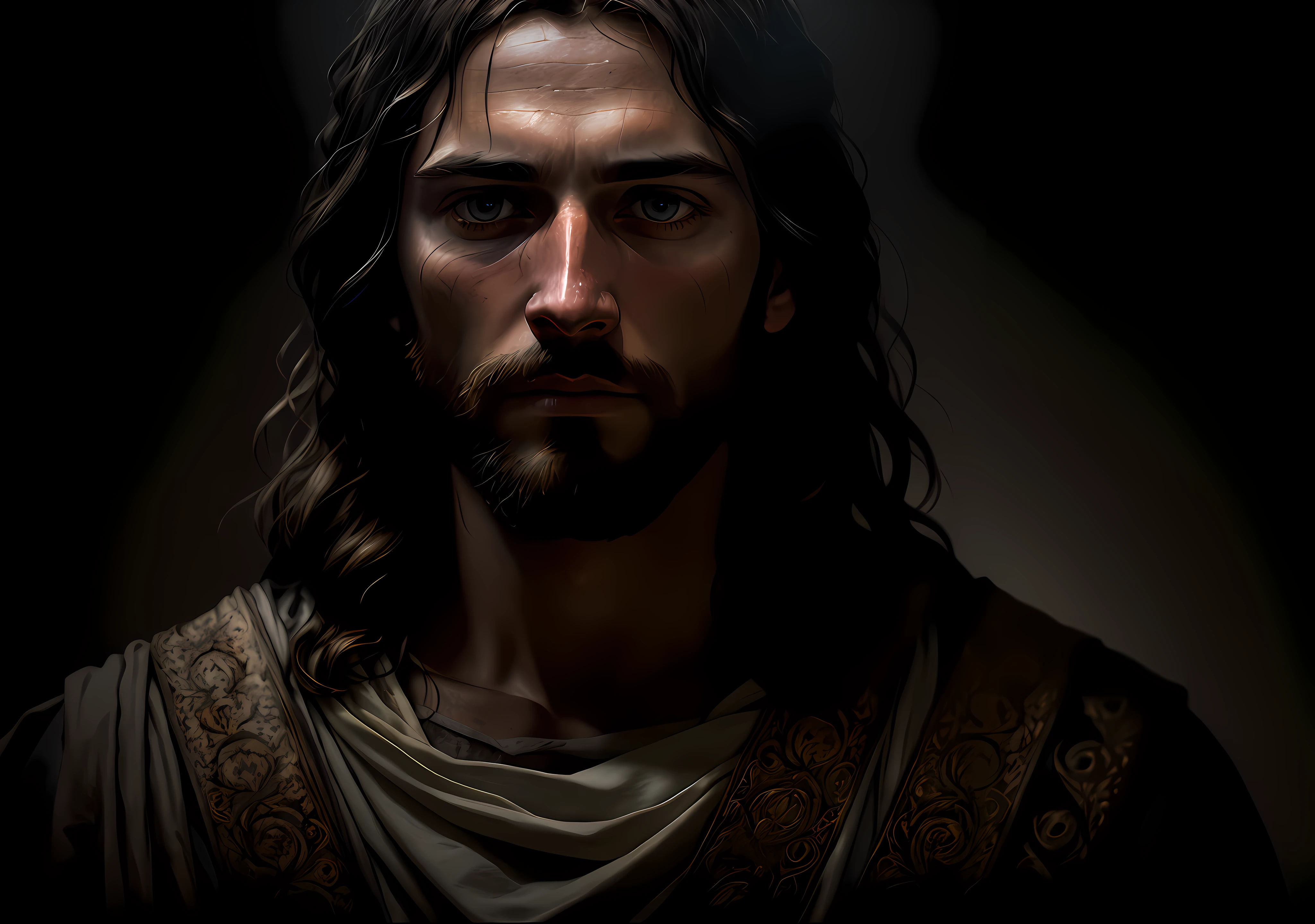 JESUS CHRIST DARK PHOTO: realistic epic, soft cinematic portrait, adobe lightroom, photographic lab, highly detailed, faded, (neutral colors: 1.2), (hdr: 1.4) , (soft colors:1.2), hyperdetailed, (artstation:1.4), cinematic, warm lights, dramatic light, (intricate details:1.1), complex background, (rutkowski:0.66), (blue and orange:0.4)