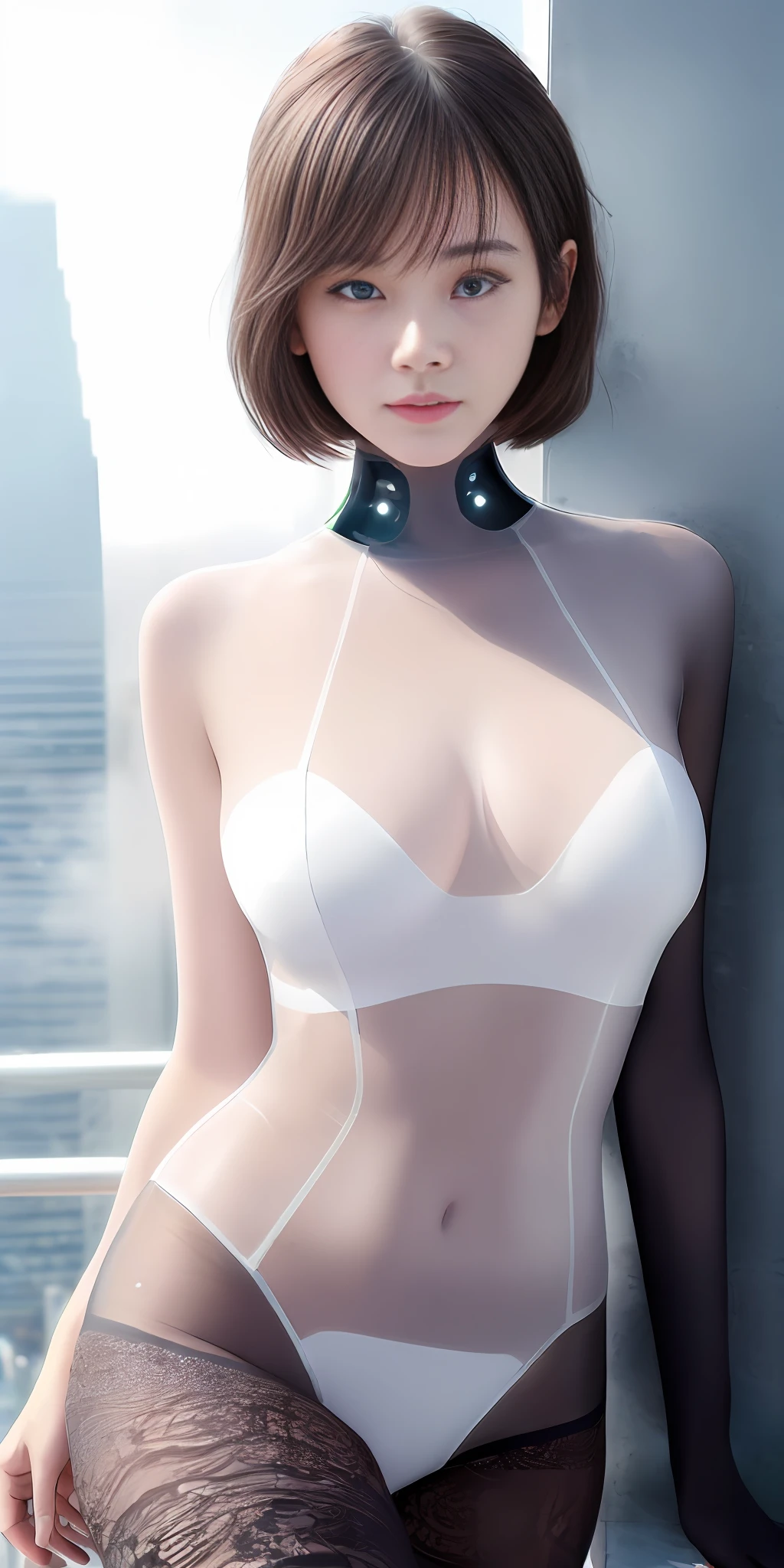 (1girl:1.3), Solo, (((Very detailed face)))), ((Very detailed eyes and face)))), Beautiful detail eyes, Body parts__, Official art, Unified 8k wallpaper, Super detailed, beautiful and beautiful, beautiful, masterpiece, best quality, original, masterpiece, super fine photo, best quality, super high resolution, realistic realism, sunlight, full body portrait, amazing beauty, dynamic pose, delicate face, vibrant eyes, (from the front), She wears black transparent pantyhose, very detailed city roof background, rooftop, overlooking the city, detailed face, detailed complex busy background, messy, gorgeous, milky white, highly detailed skin, realistic skin details, visible pores, clear focus, volumetric fog, 8k uhd, DSLR camera, high quality, film grain, fair skin, photo realism, lomography, futuristic dystopian megalopolis, translucent