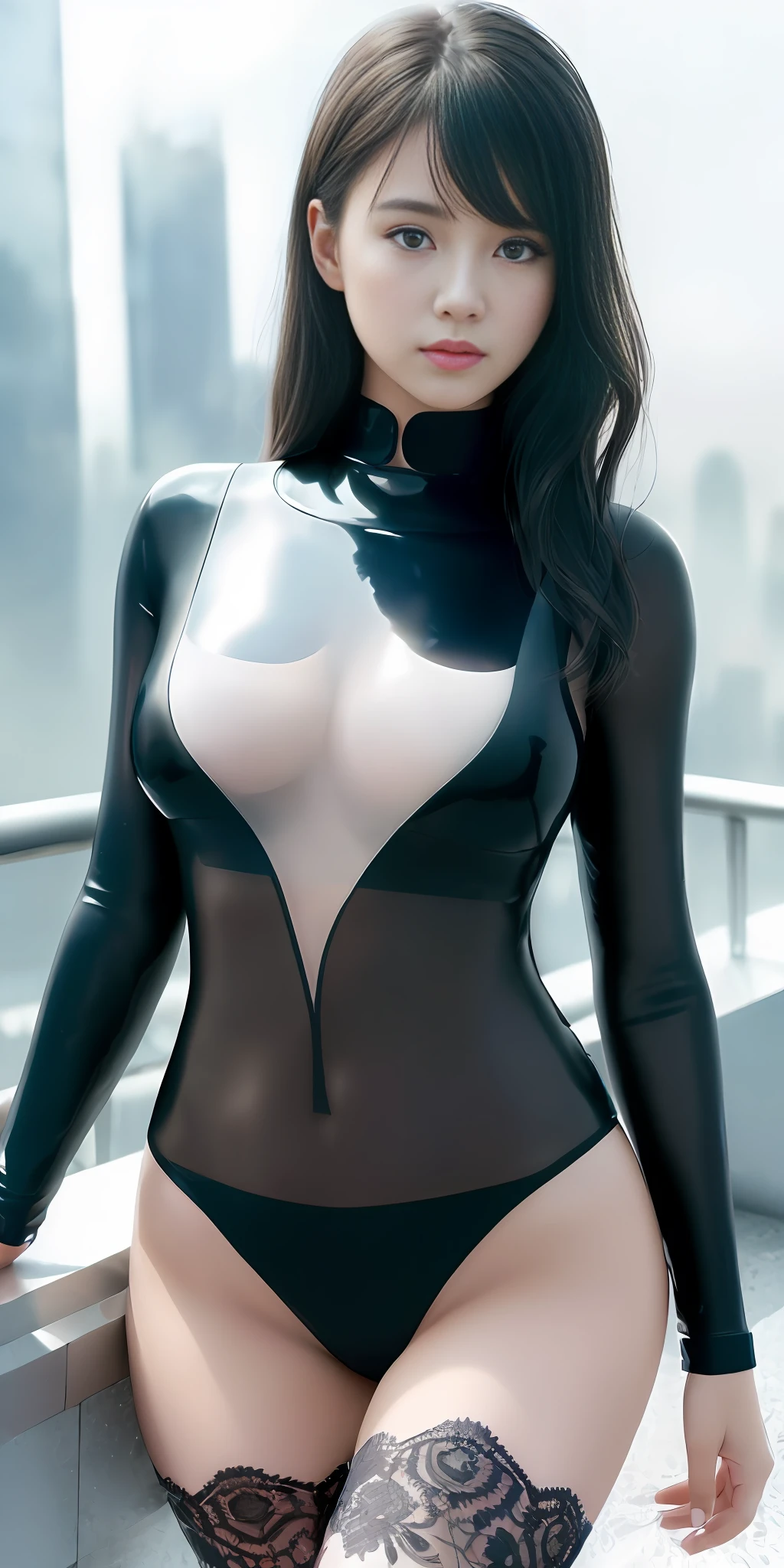 (1girl:1.3), Solo, (((Very detailed face)))), ((Very detailed eyes and face)))), Beautiful detail eyes, Body parts__, Official art, Unified 8k wallpaper, Super detailed, beautiful and beautiful, beautiful, masterpiece, best quality, original, masterpiece, super fine photo, best quality, super high resolution, realistic realism, sunlight, full body portrait, amazing beauty, dynamic pose, delicate face, vibrant eyes, (from the front), She wears black transparent pantyhose, very detailed city roof background, rooftop, overlooking the city, detailed face, detailed complex busy background, messy, gorgeous, milky white, highly detailed skin, realistic skin details, visible pores, clear focus, volumetric fog, 8k uhd, DSLR camera, high quality, film grain, fair skin, photo realism, lomography, futuristic dystopian megalopolis, translucent