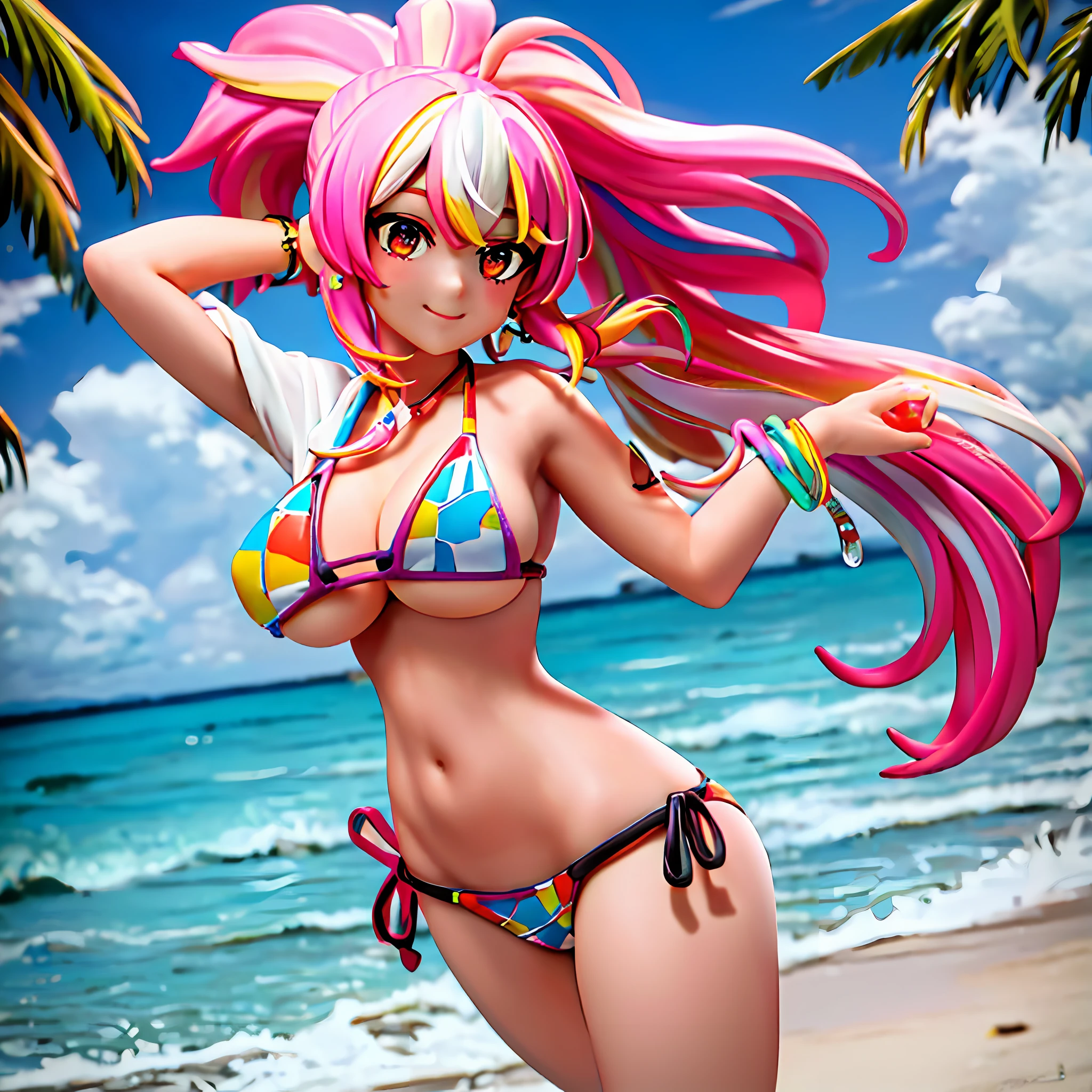 (Masterpiece: 1.5), (Best Quality: 1.5), High Resolution, High Detail, 1 Girl, Solo, Skin Highlight, Sharpen, Clear, straight hair, ponytail, multicolored hair, Jewelry, bracelet, earrings, cowboy shot, pale skin, smile, beach, micro bikini, big boobs