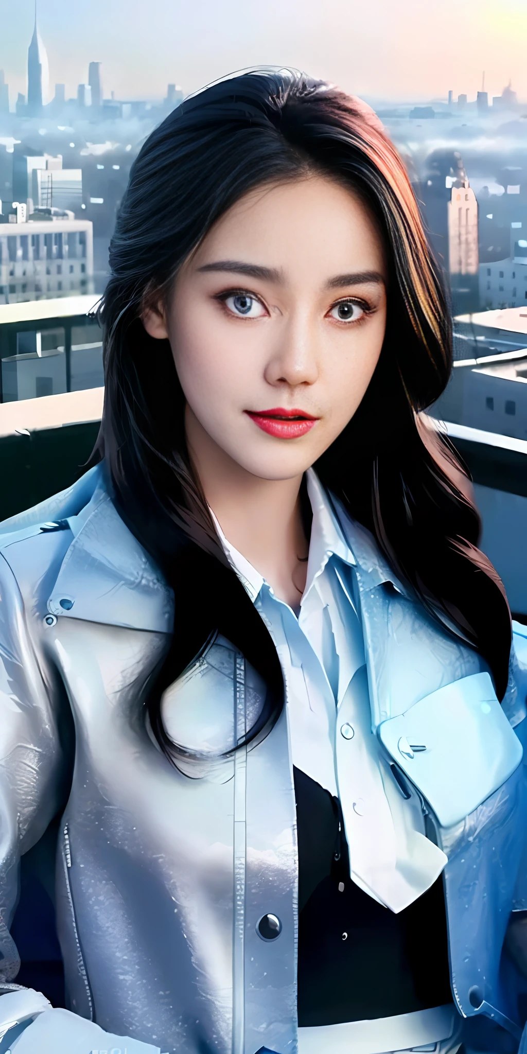 (1girl:1.3), Solo, (((Very detailed face)))), ((Very detailed eyes and face)))), Beautiful detail eyes, Body parts__, Official art, Unified 8k wallpaper, Super detailed, beautiful and beautiful, beautiful, masterpiece, best quality, original, masterpiece, super fine photo, best quality, super high resolution, realistic realism, sunlight, full body portrait, amazing beauty, dynamic pose, delicate face, vibrant eyes, (from the front), She wears black transparent pantyhose, very detailed city roof background, rooftop, overlooking the city, detailed face, detailed complex busy background, messy, gorgeous, milky white, highly detailed skin, realistic skin details, visible pores, clear focus, volumetric fog, 8k uhd, DSLR camera, high quality, film grain, fair skin, photo realism, lomography, futuristic dystopian megalopolis, translucent