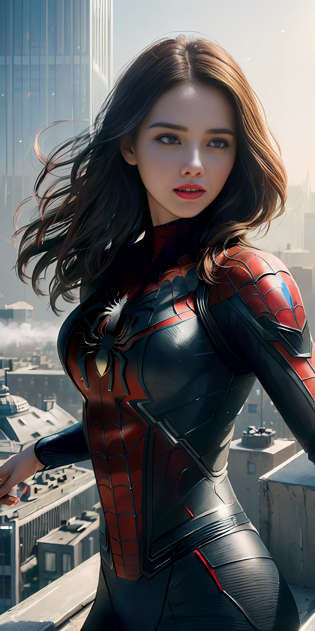 (1girl:1.3), Solo, (((Very detailed face)))), ((Very detailed eyes and face)))), Beautiful detail eyes, Body parts__, Official art, Unified 8k wallpaper, Super detailed, beautiful and beautiful, beautiful, masterpiece, best quality, original, masterpiece, super fine photo, best quality, super high resolution, realistic realism, sunlight, full body portrait, amazing beauty, dynamic pose, delicate face, vibrant eyes, (from the front), She wears Spider-Man suit, red and black color scheme, spider, very detailed city roof background, rooftop, overlooking the city, detailed face, detailed complex busy background, messy, gorgeous, milky white, highly detailed skin, realistic skin details, visible pores, clear focus, volumetric fog, 8k uhd, DSLR, high quality, film grain, fair skin, photo realism, lomography, futuristic dystopian megalopolis, translucent