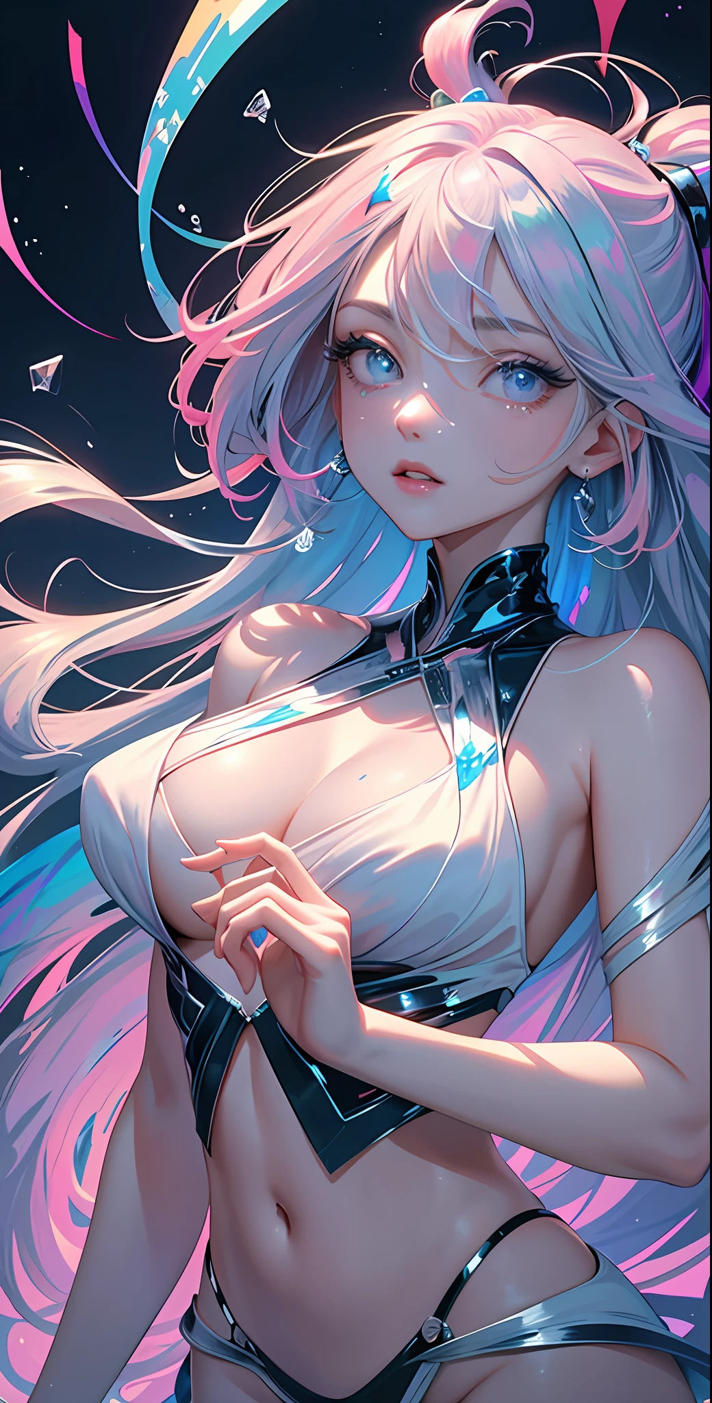 (masterpiece, top quality, best quality,watercolor )(medium),official art, beautiful and aesthetic:1.2),(1girl:1.3), (fractal art:1.3),upper body, from side, looking at viewer,patterns,(rainbow color Hair,colorful hair,half blue and half pink hair:1.2),water,liquid, cloud,colorful, starry,stars,close-up, big eyes,(perfect eyes:1.4), complex eyes, unique pupils, unusual pupils,starry sky, stars in the background, shining halo,((ultra detail retina:1.5)),embarassed, (midriff),((ultra detail eyes:1.????????tremely detailed CG unity 8k wallpaper,masterpiece, best quality)), ((ultra-detailed:1.5)),(best illumination, best shadow, an extremely delicate and beautiful),(extremely detailed CG unity 8k wallpaper,masterpiece, best quality, ultra-detailed),(best illumination, best shadow, an extremely delicate and beautiful),(perfect body: 1.5),(masterpiece), stunningly surreal, abstract imagination, dynamic movement, digital art, otherworldly, a burst of color, explosive energy, chaotic beauty, (1 figure - ambiguous gender), (hair flowing:1.2, hair glowing), (body distorted:1.5, body fragmented), (face obscured:1.2, half hidden), (background: broken, shattered, fractured), (light: flickering, pulsating, radiating),(masterpiece), stunningly surreal, abstract imagination, dynamic movement, digital art, otherworldly, a burst of color, explosive energy, chaotic beauty, (1 figure - ambiguous gender), (hair flowing:1.2, hair glowing), (body distorted:1.5, body fragmented), (face obscured:1.2, half hidden), (background: broken, shattered, fractured), (light: flickering, pulsating, radiating).