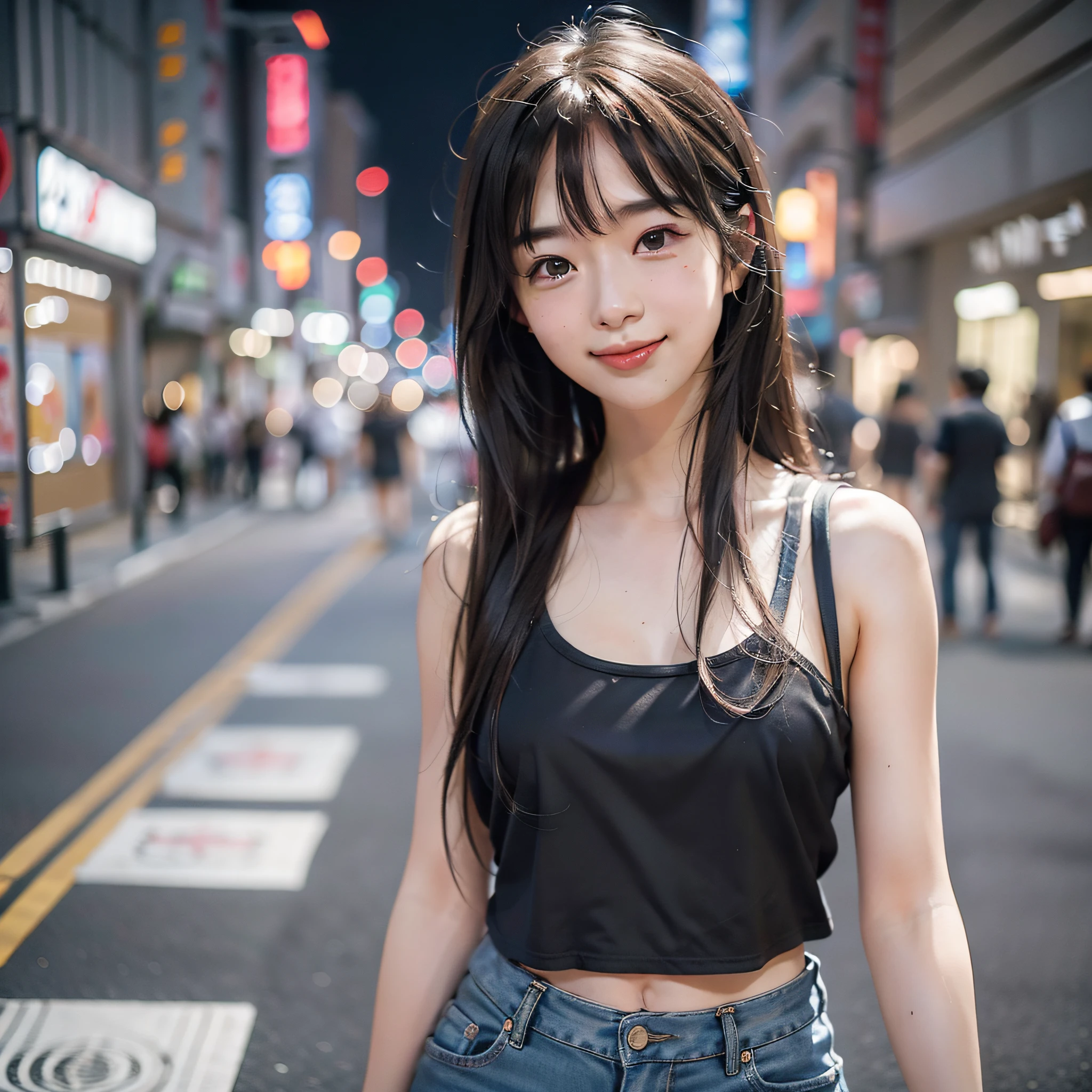 (Realistic: 1.4), (Detail Eyes: 1.2), (Realistic, Photorealistic: 1.37), (Medium View: 1.5), (Half), 1 Girl, Best Quality, Ultra High Resolution, Tokyo Street, Tank Top, Long Hair, Waist, Smile, Slim, Night,