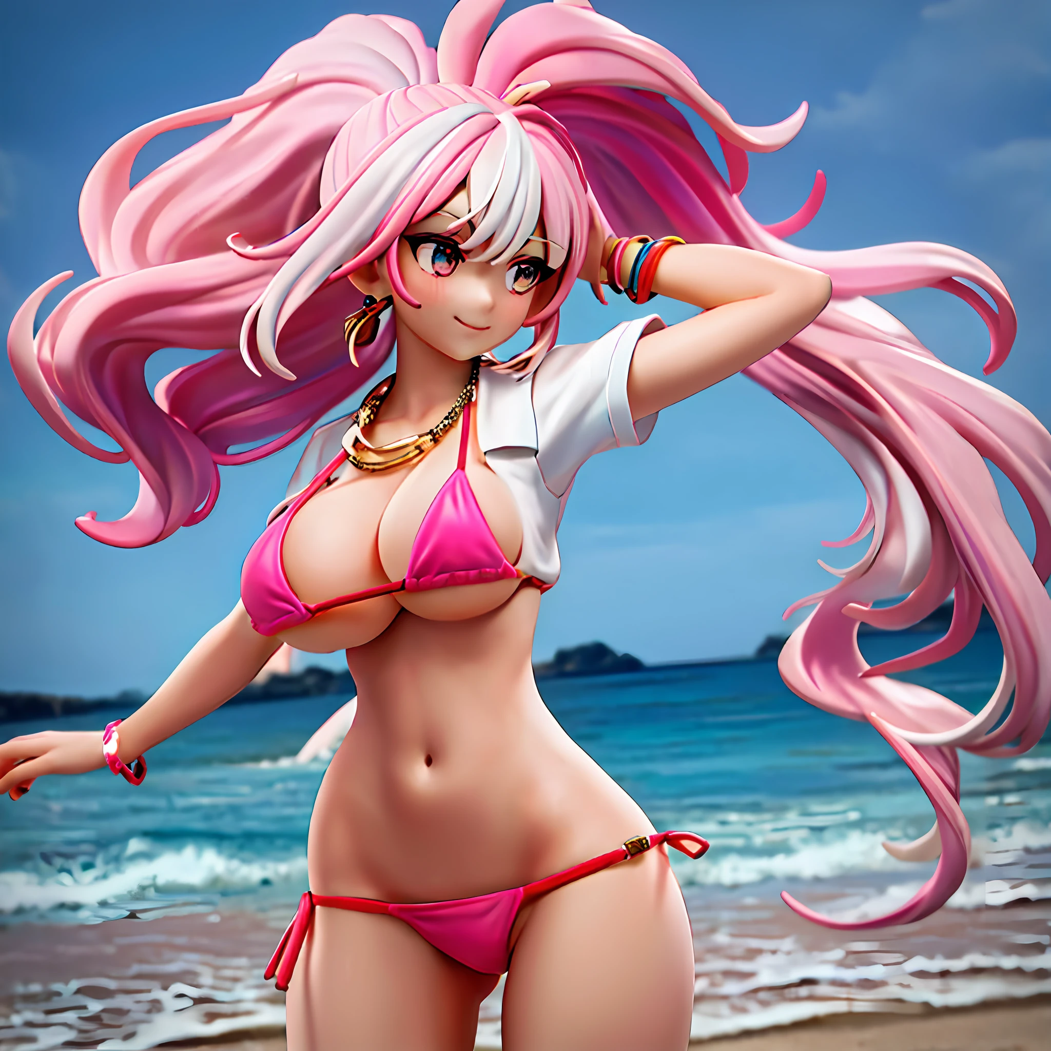 (Masterpiece: 1.5), (Best Quality: 1.5), High Resolution, High Detail, 1 Girl, Solo, Skin Highlight, Sharpen, Clear, straight hair, ponytail, multicolored hair, Jewelry, bracelet, earrings, cowboy shot, pale skin, smile, beach, micro bikini, big boobs