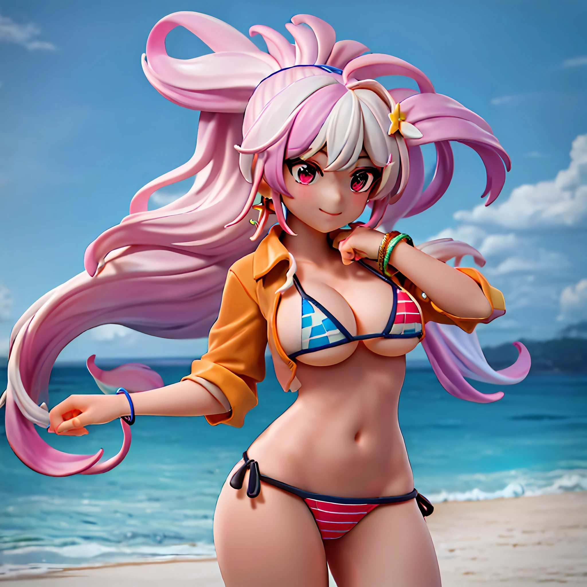(Masterpiece: 1.5), (Best Quality: 1.5), High Resolution, High Detail, 1 Girl, Solo, Skin Highlight, Sharpen, Clear, straight hair, ponytail, multicolored hair, Jewelry, bracelet, earrings, cowboy shot, pale skin, smile, beach, micro bikini, big boobs