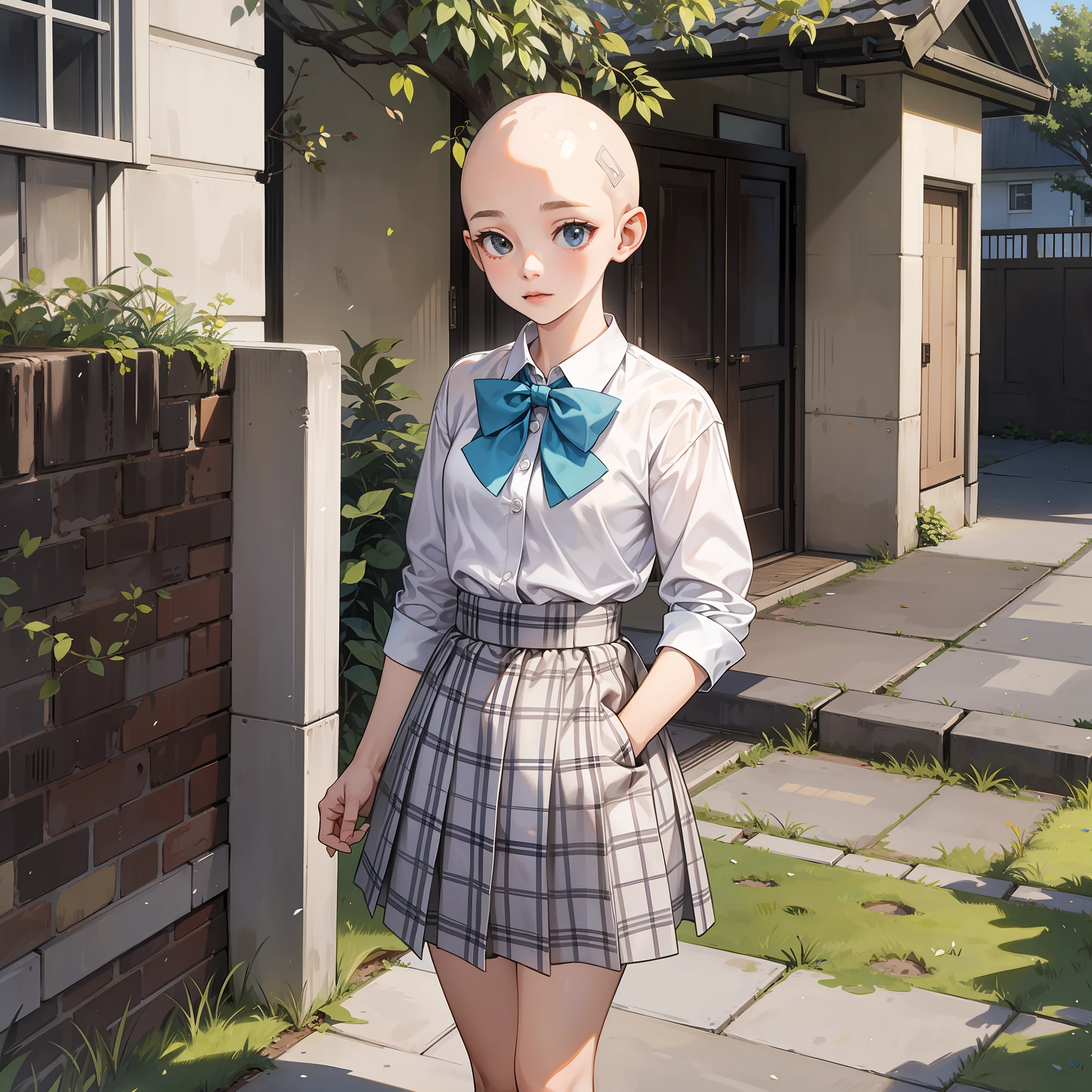 A girl, bald head, white school uniform, bow tie, calm expression, standing on the lawn, downstairs of the school dormitory